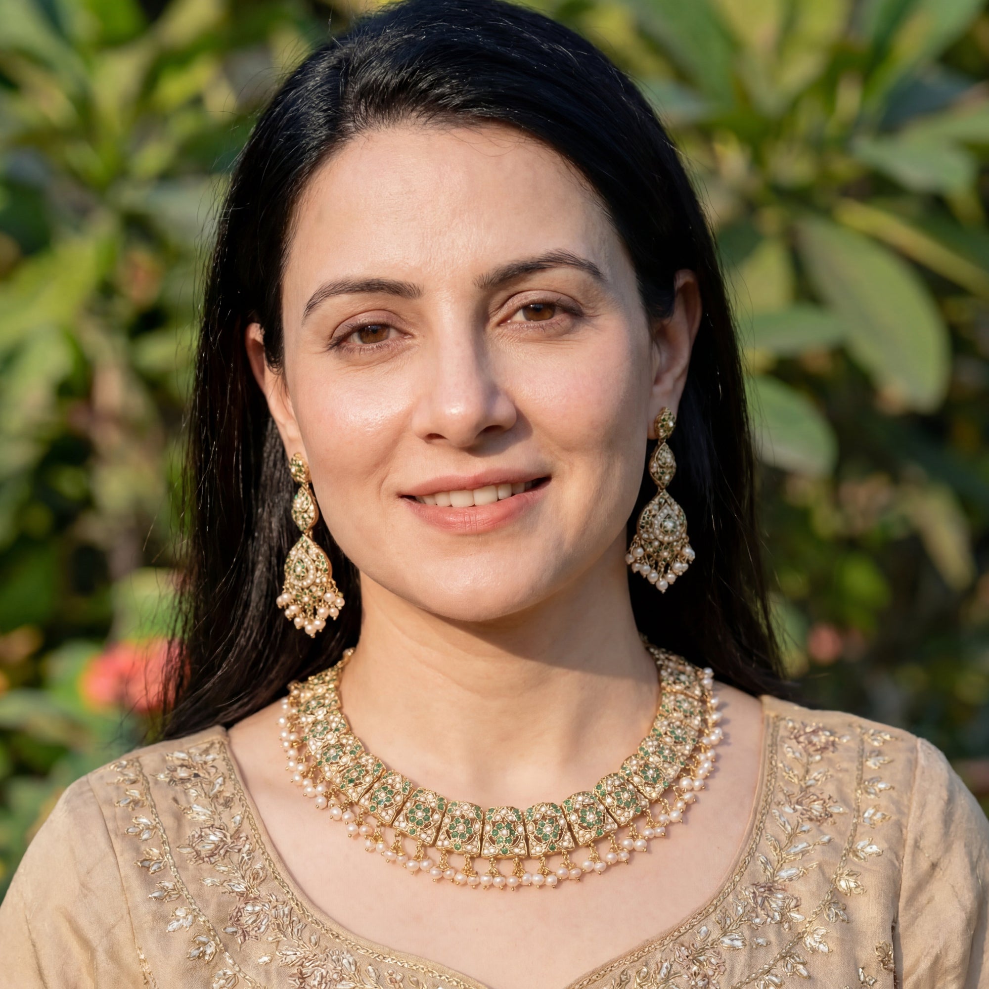 Pearl and Emerald Necklace Set | Jadau Set on Gold Plated Silver NS 371