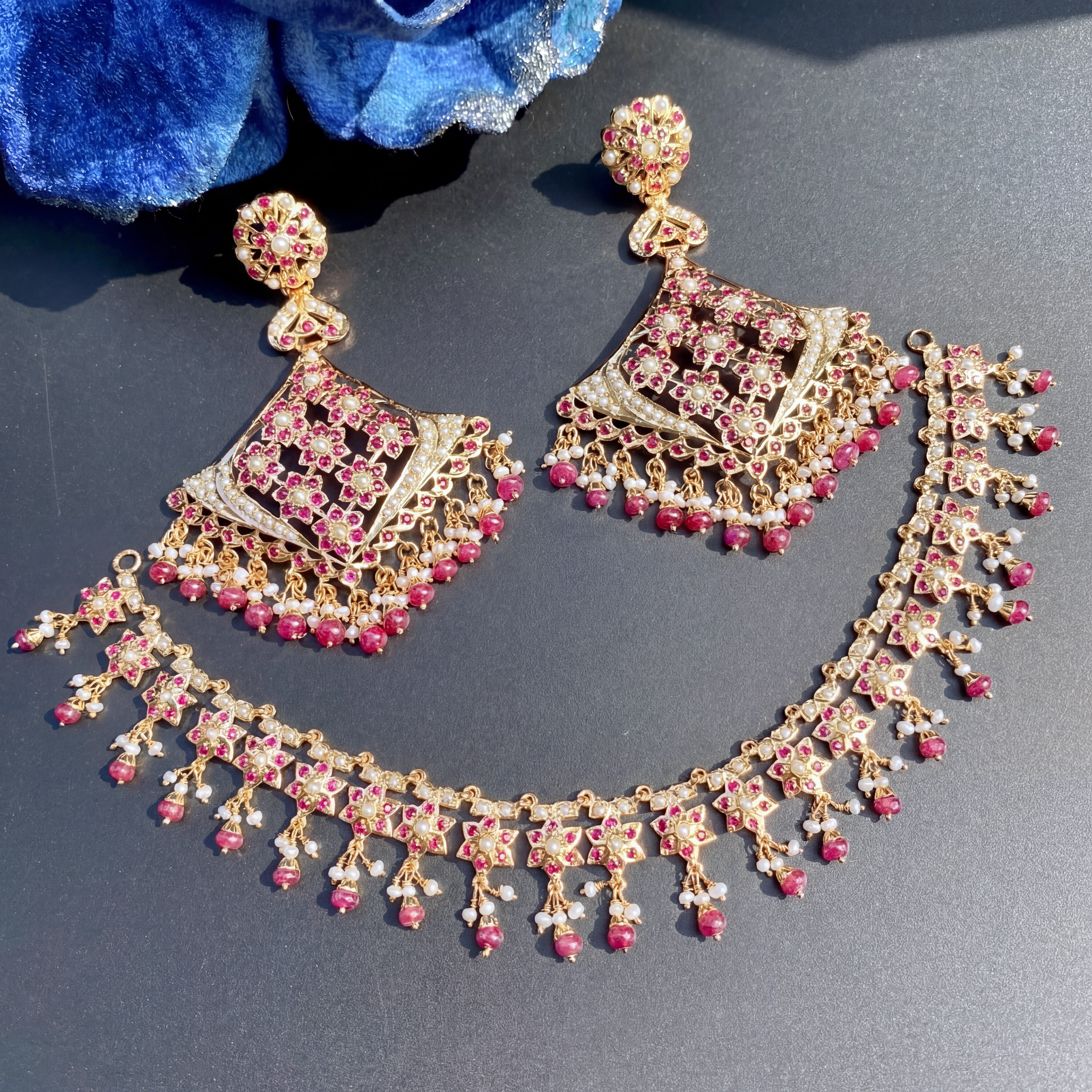Dainty Necklace with Statement Earrings | Ruby Jadau Set on Silver NS 328
