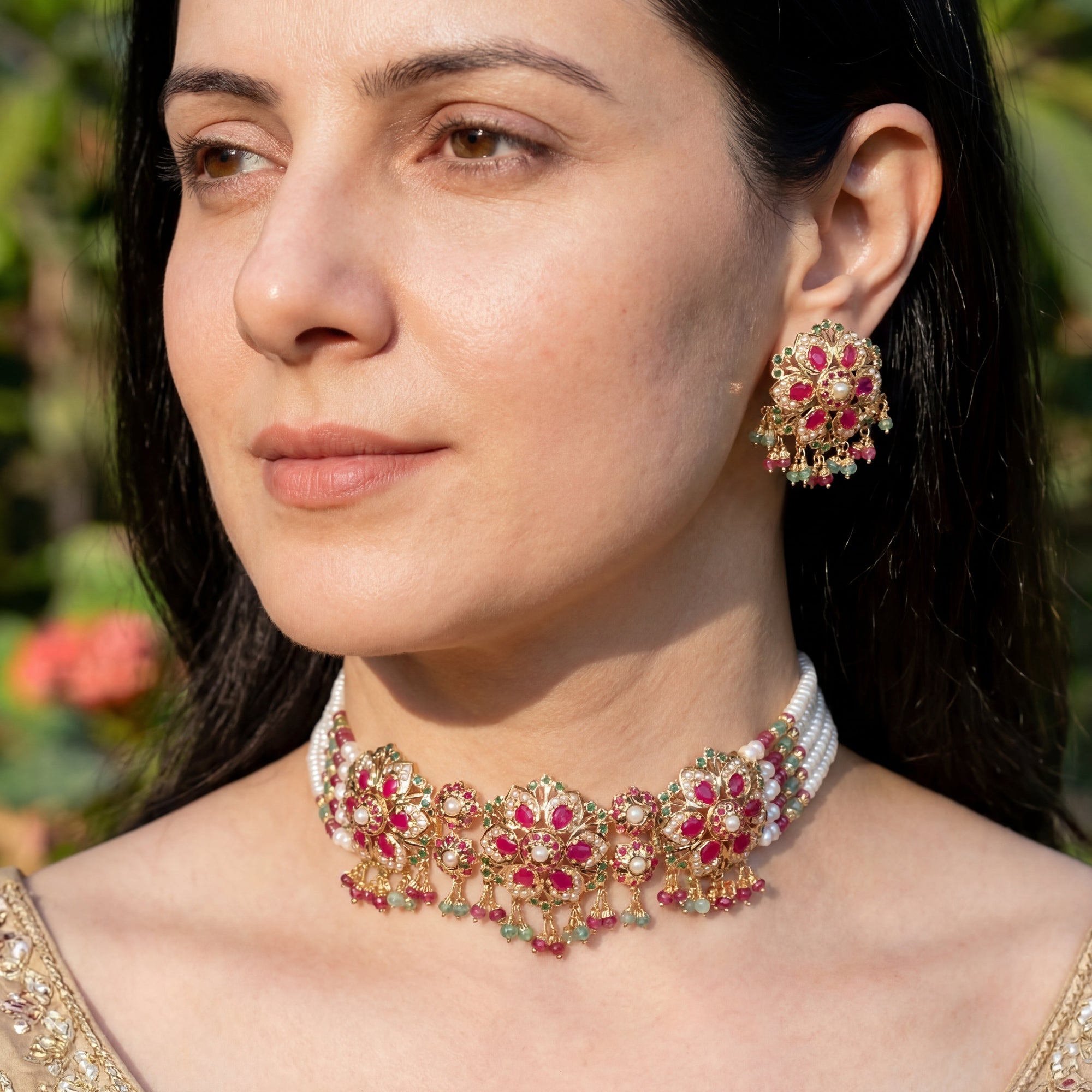 Exquisite Gold Plated Jadau Choker Set | Sterling Silver Base | Mix of Precious & Non Precious Stones NS 398