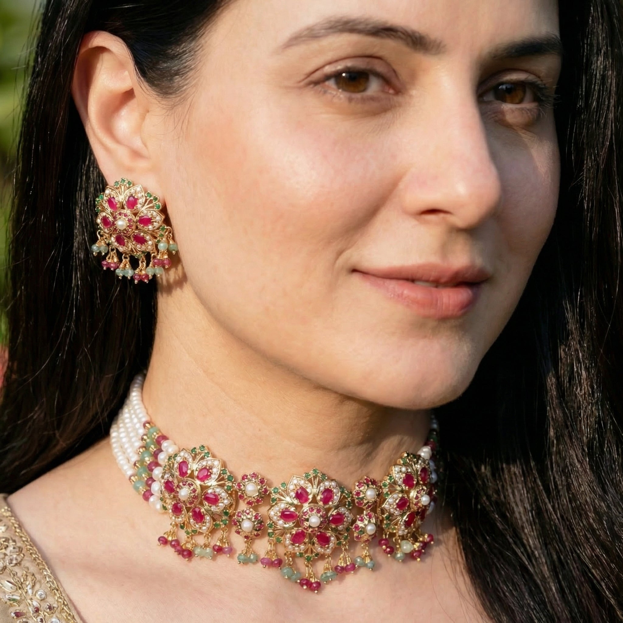 Exquisite Gold Plated Jadau Choker Set | Sterling Silver Base | Mix of Precious & Non Precious Stones NS 398