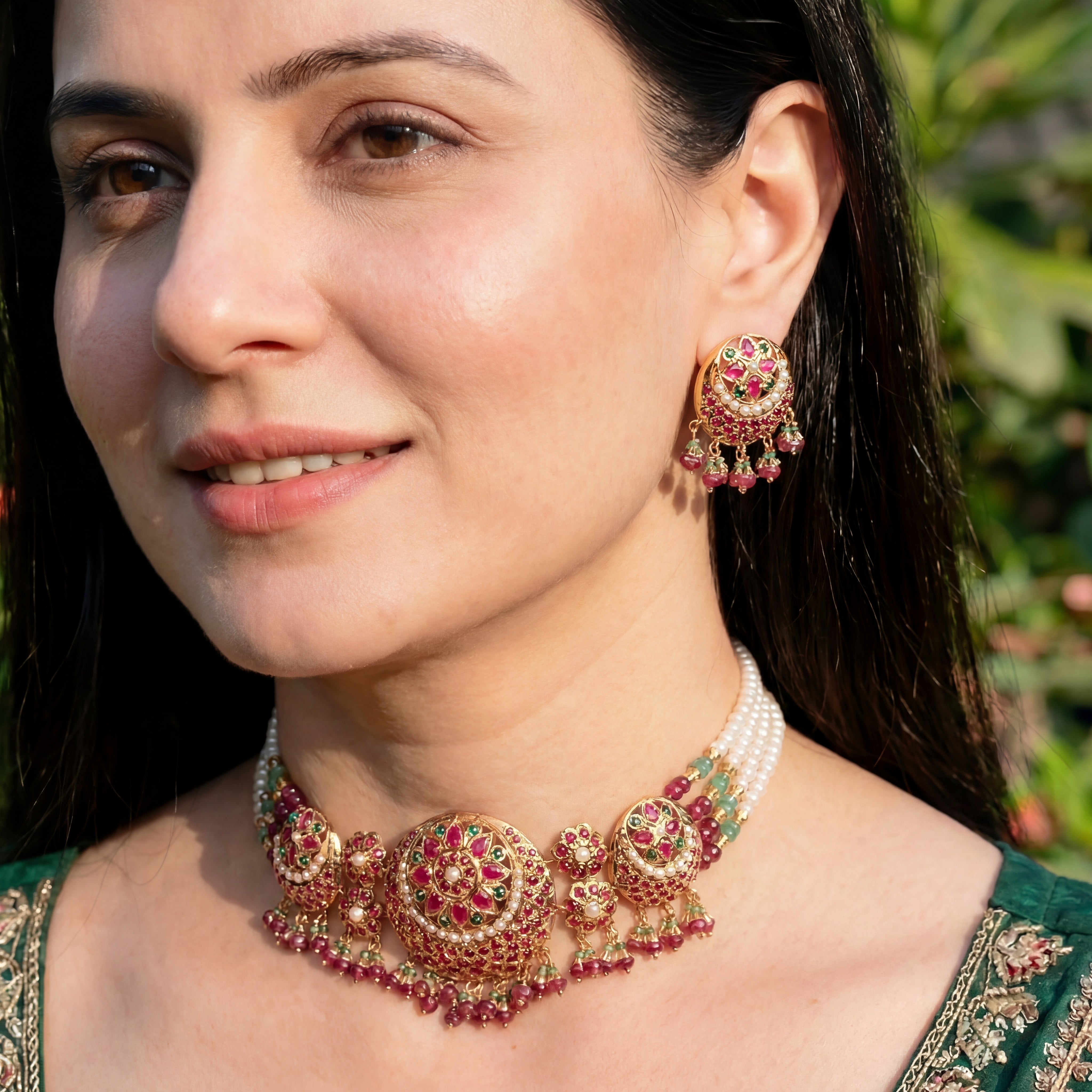Multicoloured Jadau Choker Set | Ruby Emerald Pearl Set NS 332