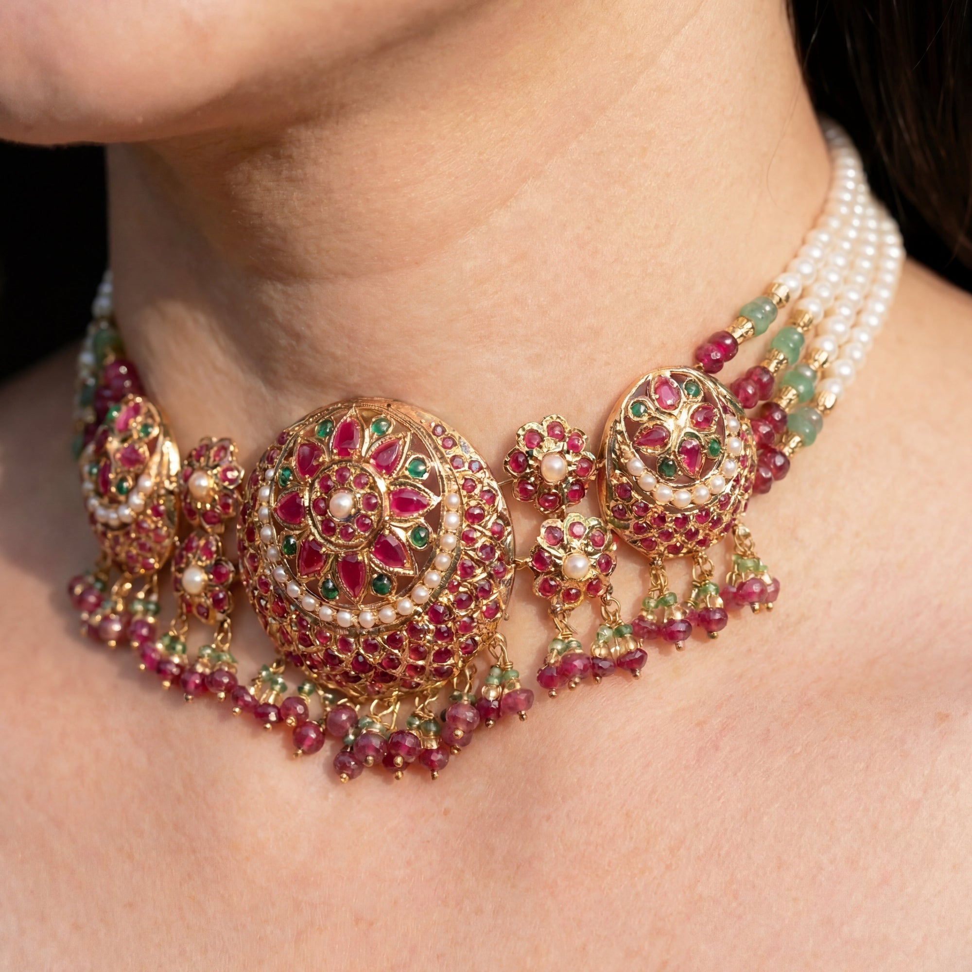 Multicoloured Jadau Choker Set | Ruby Emerald Pearl Set NS 332