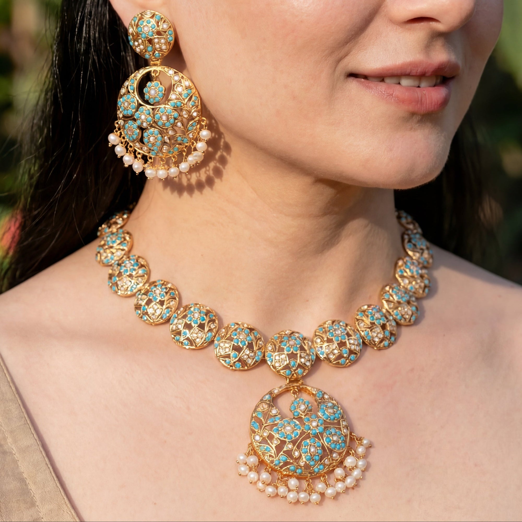 Floral Feroza and Pearl Necklace with Chandbali Earrings | Firoza Necklace Set | NS 242