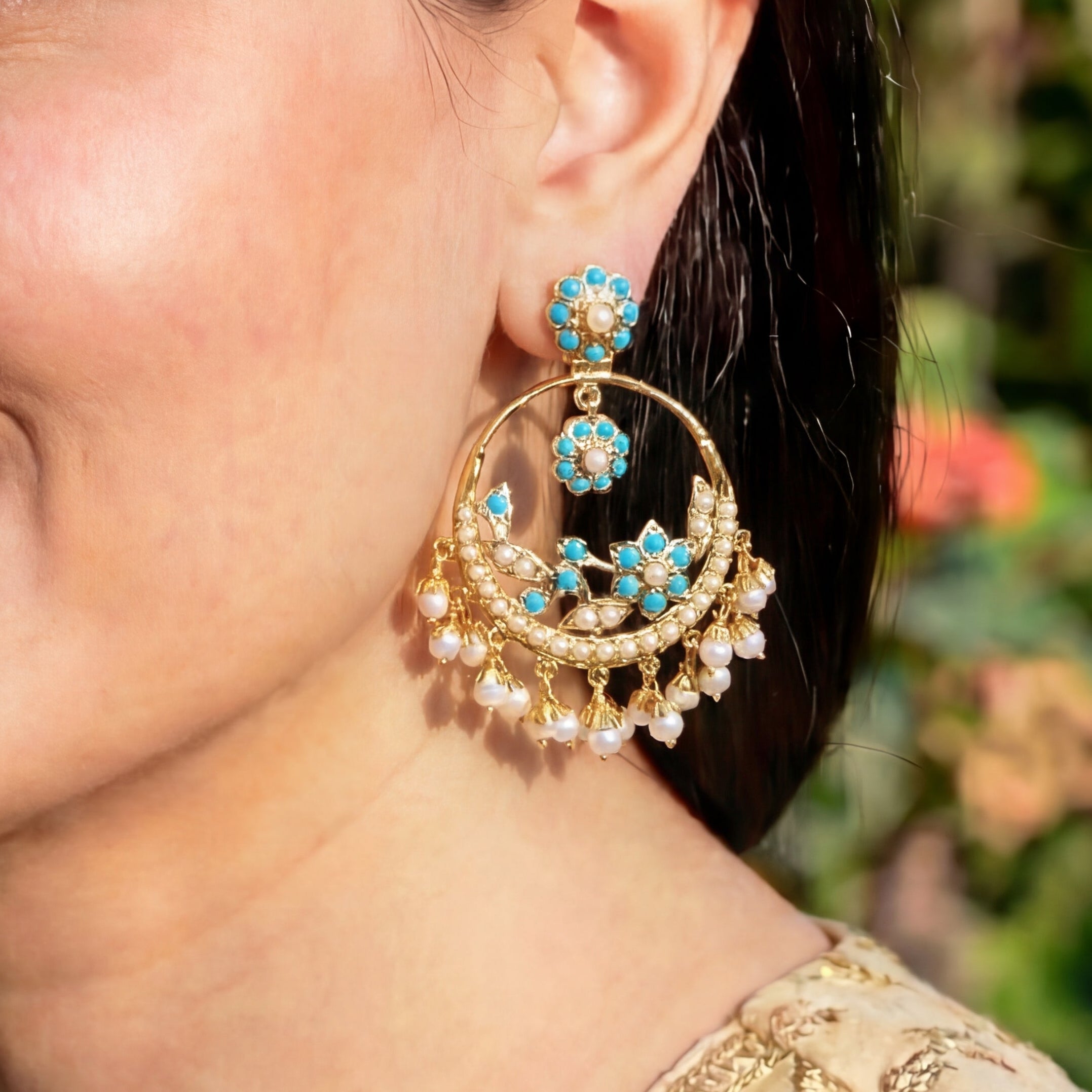 Sober Pearl & Ferozi Chandbali Earrings | Gold Plated Silver Jewellery ER 195