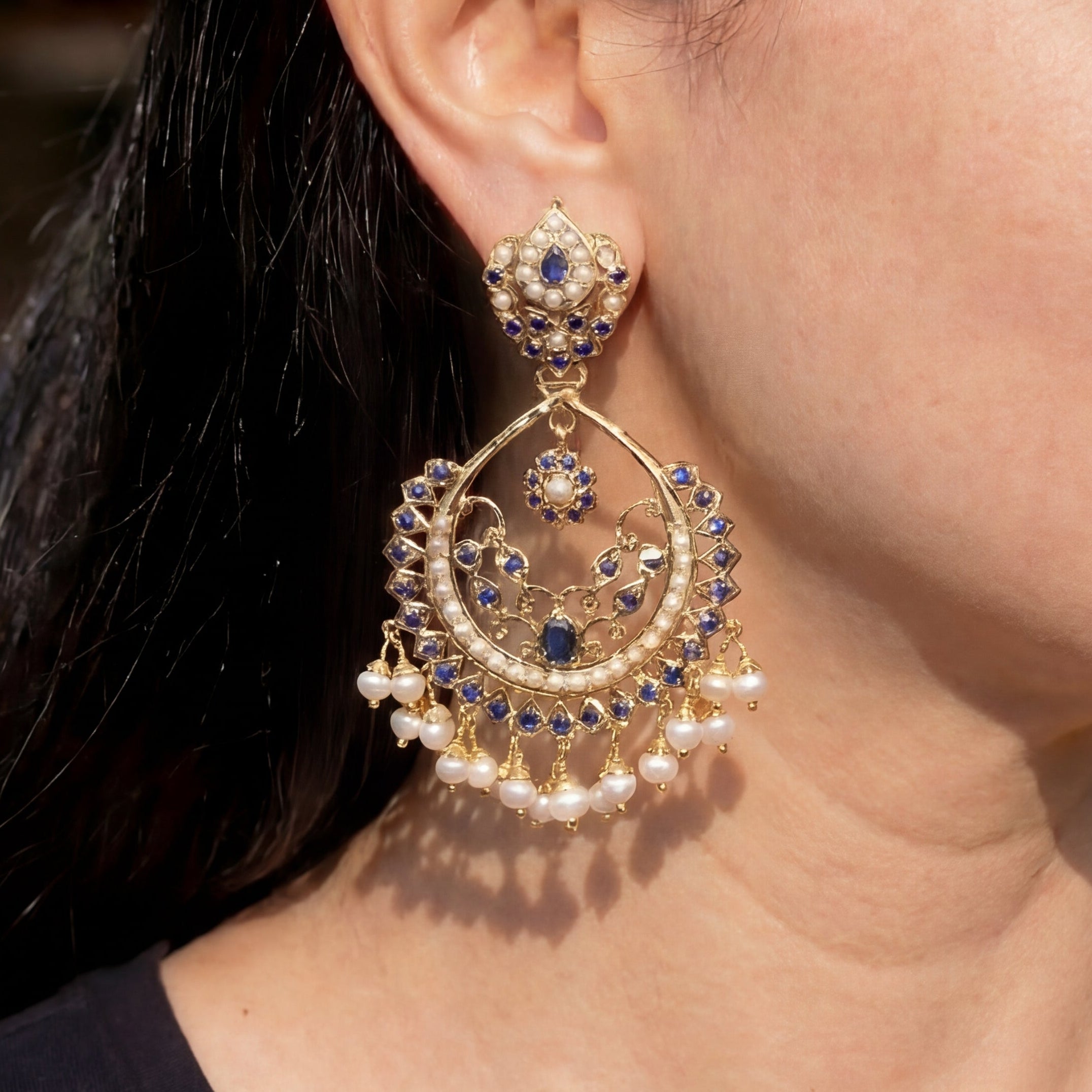 Gold Plated Chandbali | Blue Sapphire & Pearl Earrings | Jadau Jewelry ER 323