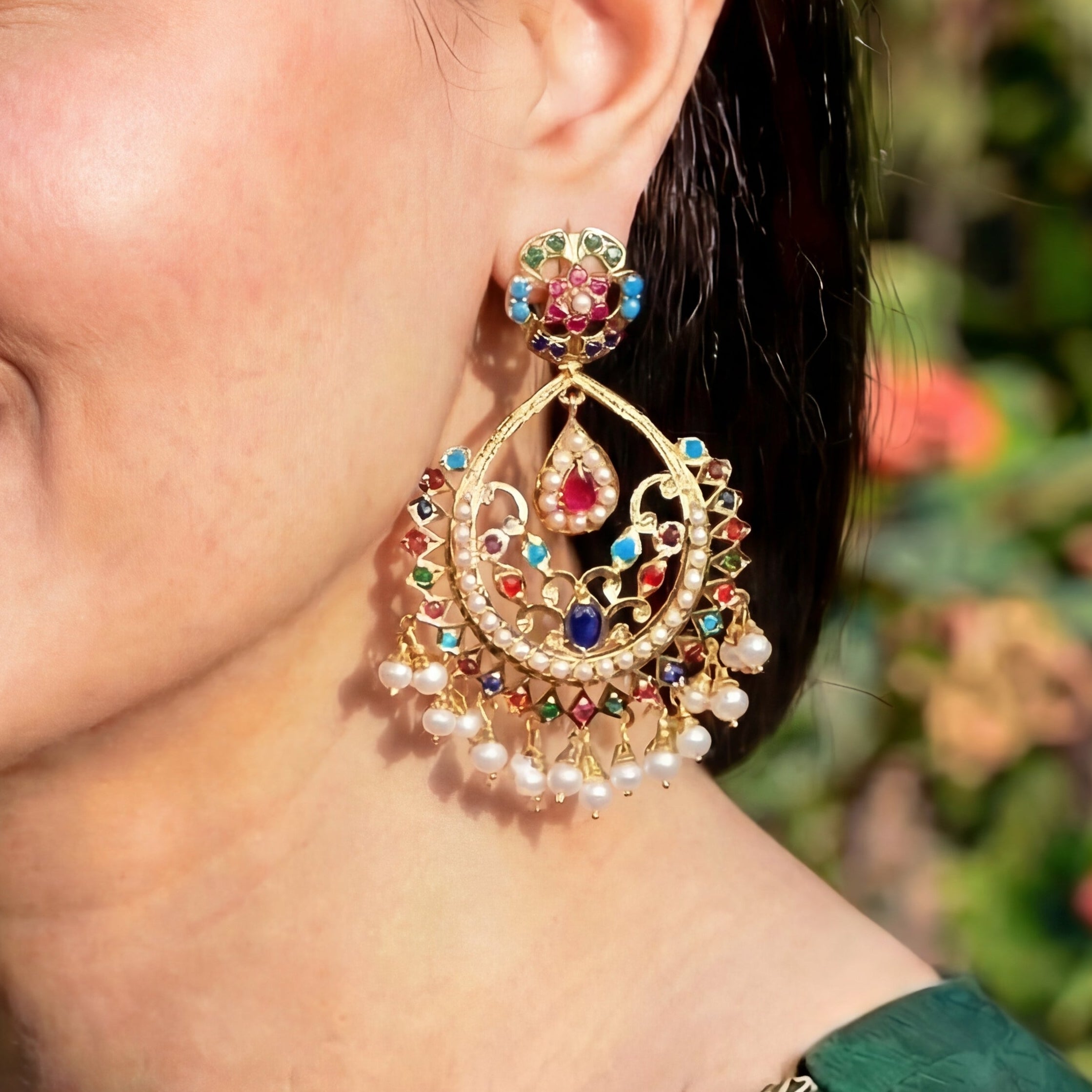 Navratna Chandbali Earrings for Women | Buy Jadau Earrings Online ER 347