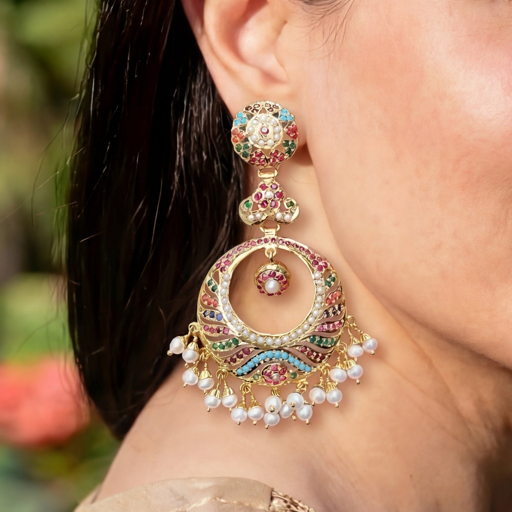 Gold Plated Navratan Chandbalis | Sterling Silver with Gold Plating ER 411B