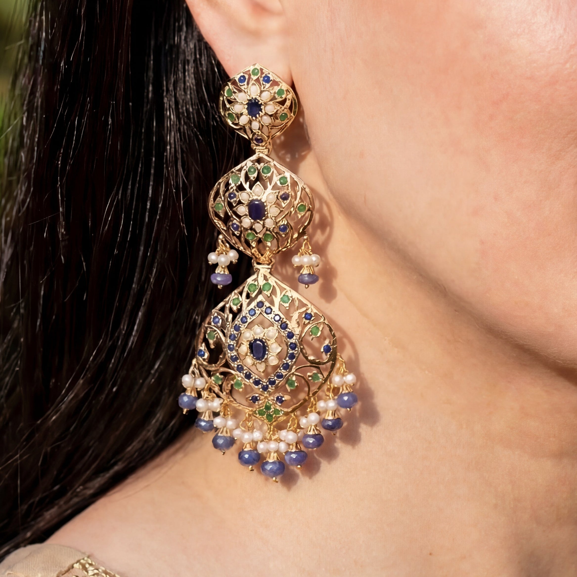 Premium Quality Gold Plated Jewelry | Long Stone Earrings for Women ER 421