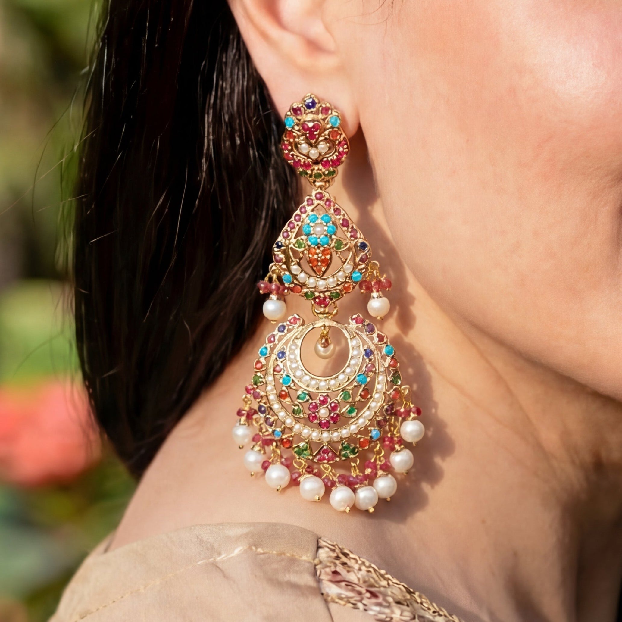 Long Navratna Chandbali Earrings | Sterling Silver with Gold Plating ER 044