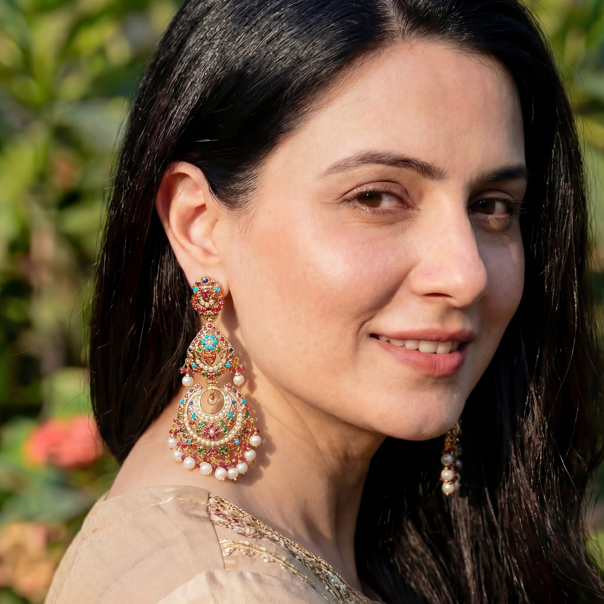 Long Navratna Chandbali Earrings | Sterling Silver with Gold Plating ER 044