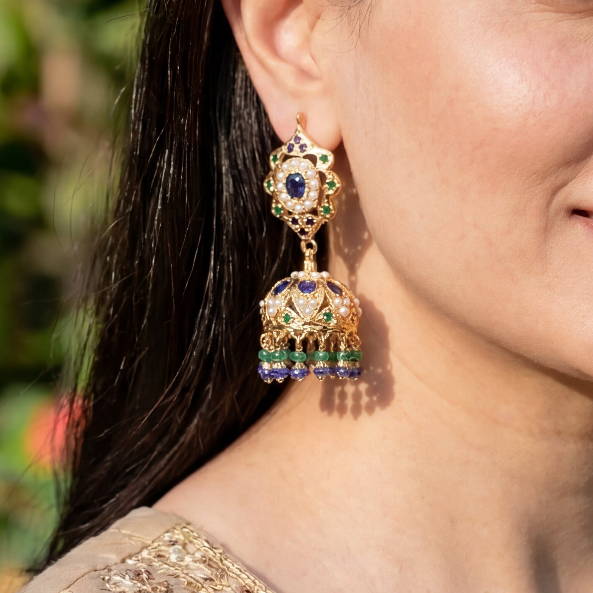 వెండిపై బంగారు పూత పూసిన చెవిపోగులు | ఇండియన్ జడౌ జ్యువెలరీ ER 471