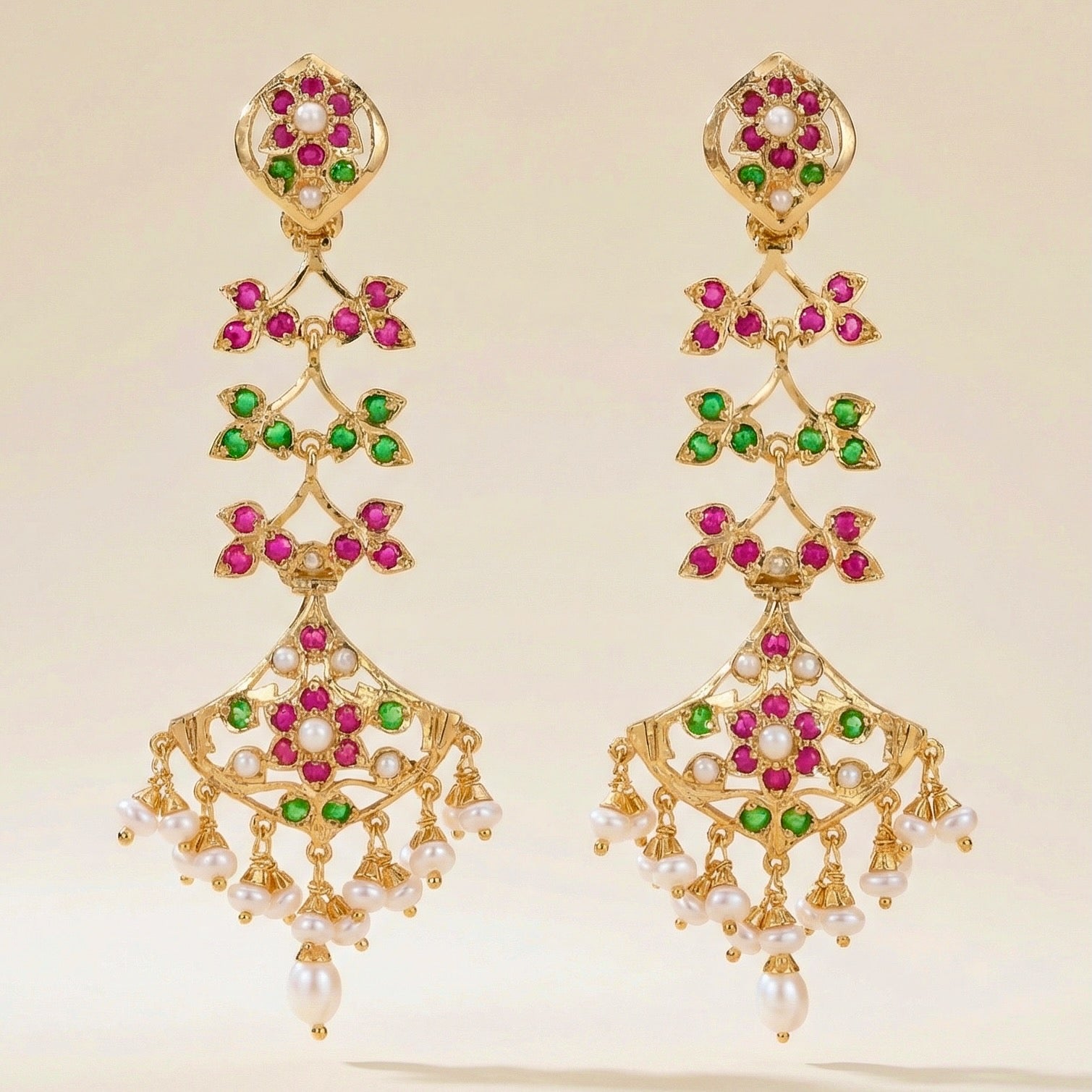 Long Ruby Emerald Danglers For Women | Gold Plated on Silver ER 615