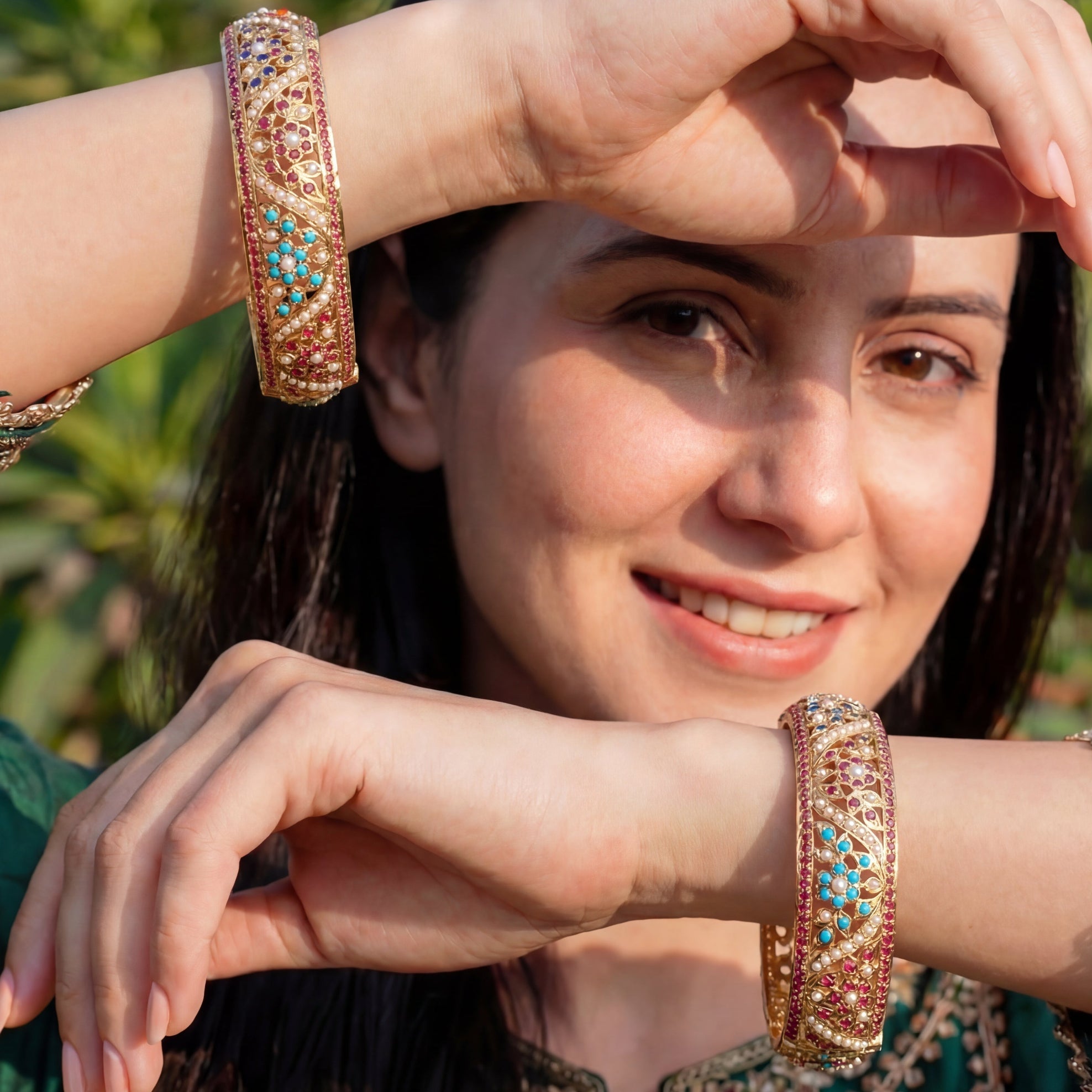 Exquisite Navratan Bangles | Gold Plated Classic Jadau Jewelry on Silver BG 009