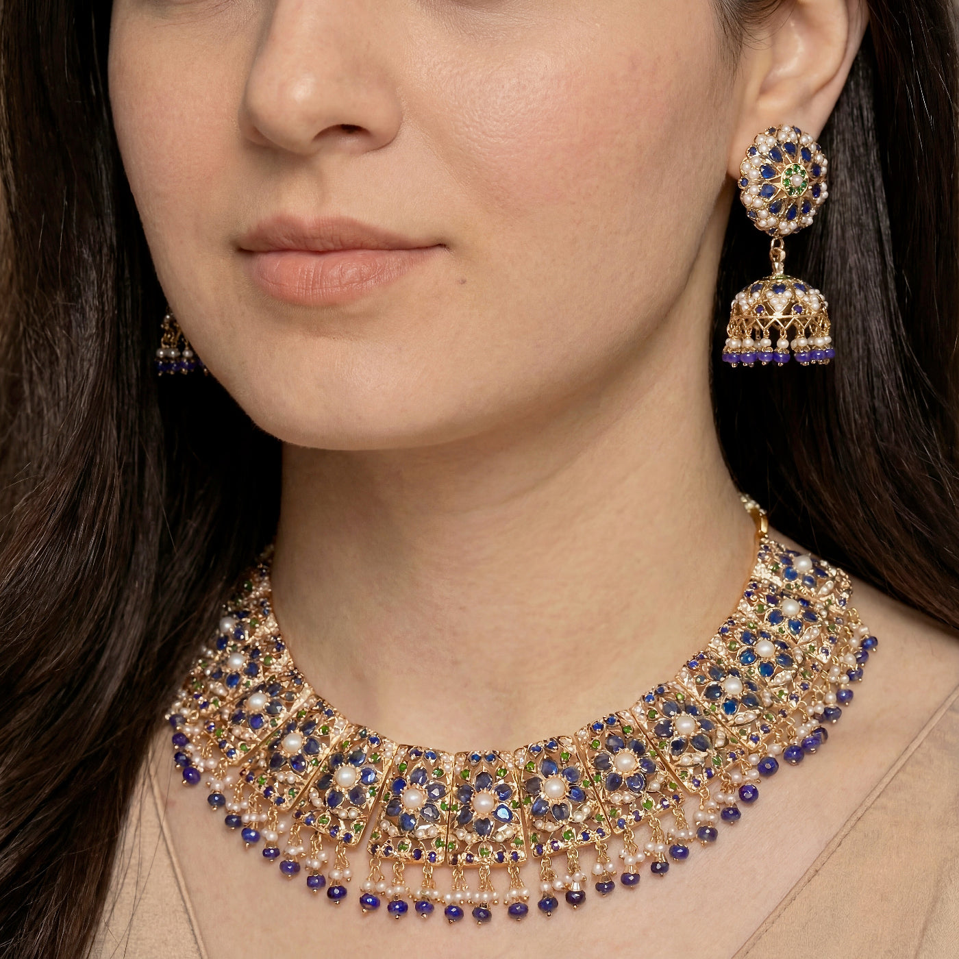 Alluring Jadau Necklace with Jhumka Earrings | Gold Plated on Silver NS 400