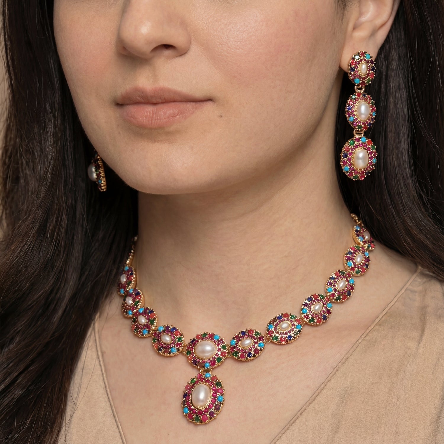 Unique Navratna Necklace Set | Gold Plated on Silver Jewelry | NS 420