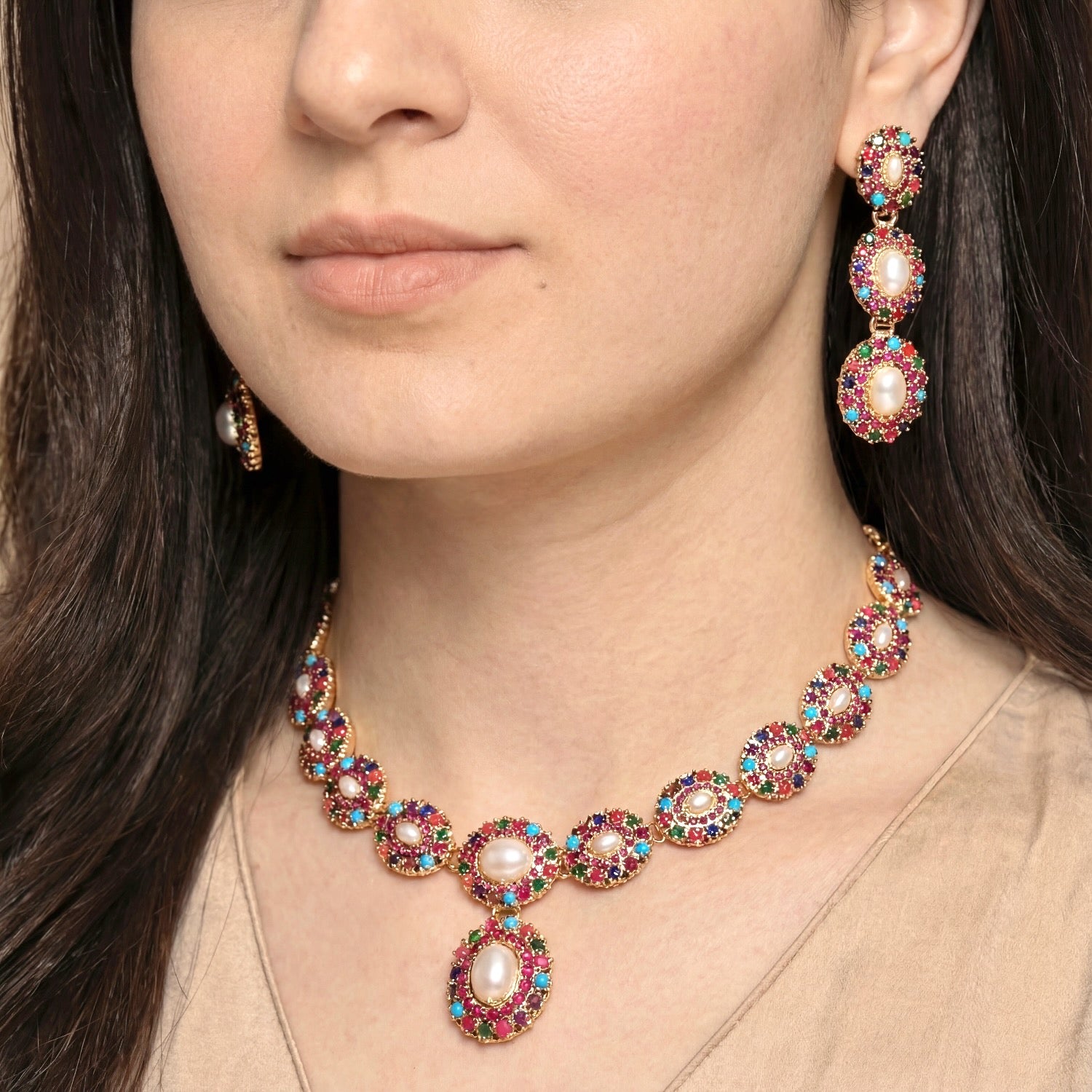 Unique Navratna Necklace Set | Gold Plated on Silver Jewelry | NS 420