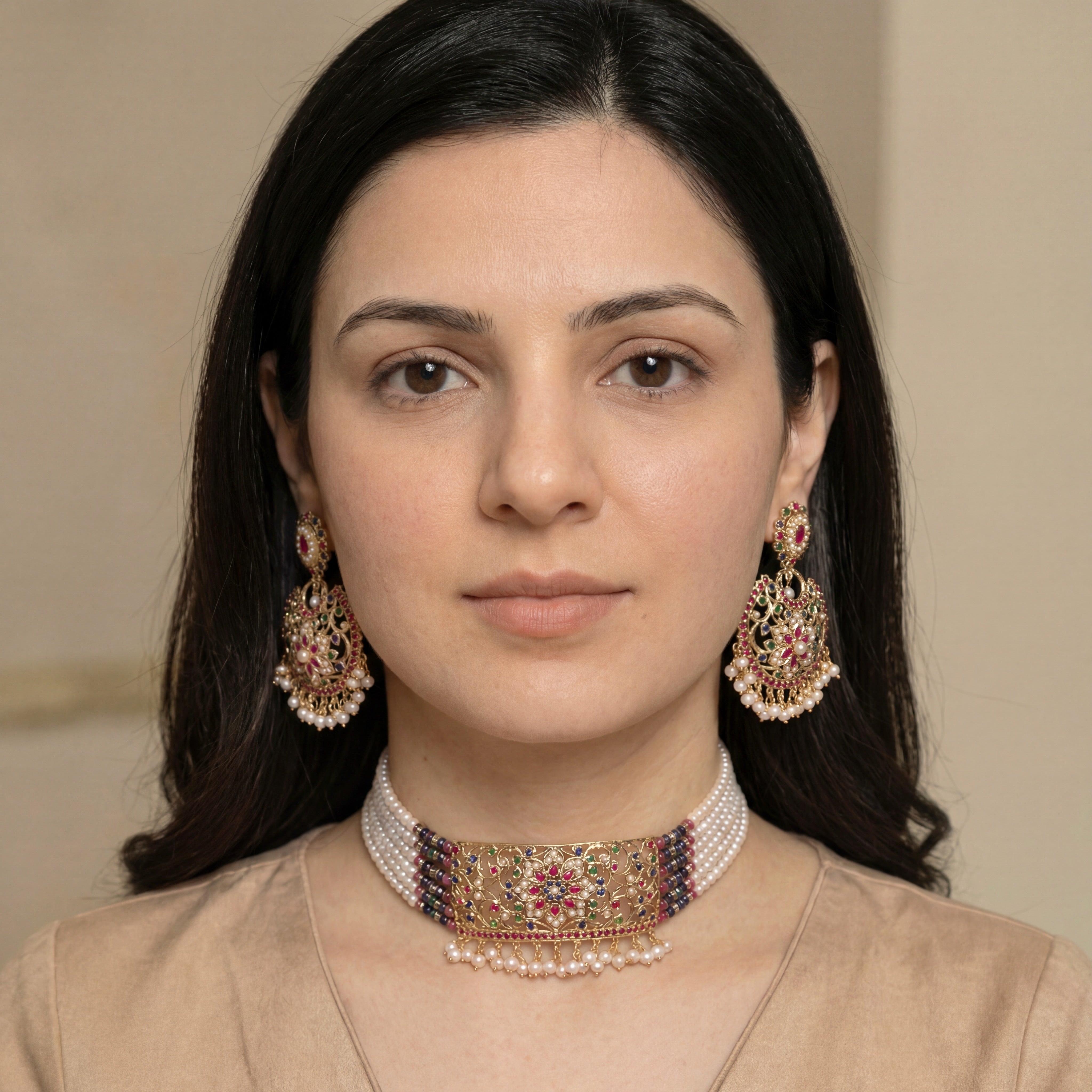 Multicolored Jadau Choker Set | Ethnic Indian Fashion Jewelry on Silver Base NS 416