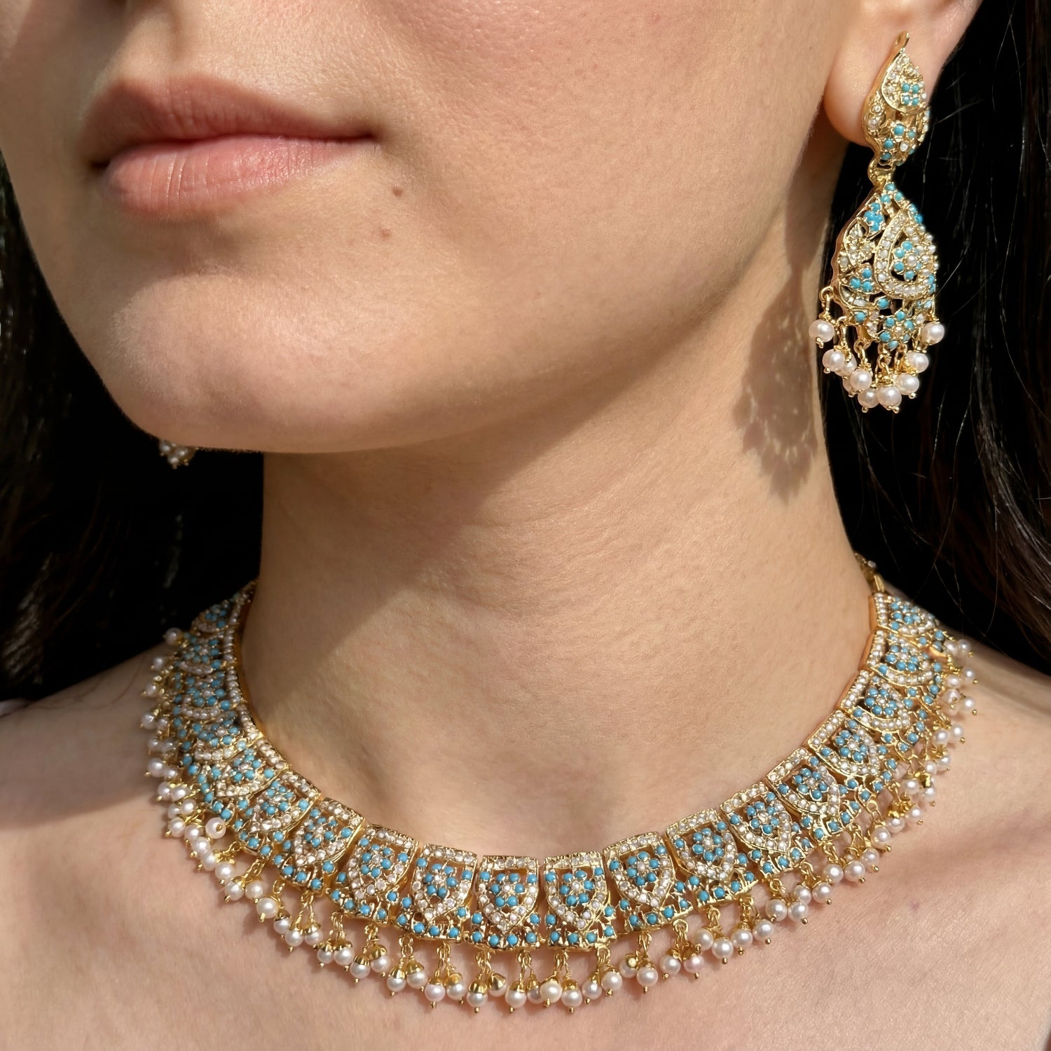 Classy Pearl & Feroza Necklace Set | Fine Indian Jewelry | Gold Plated Silver NS 403