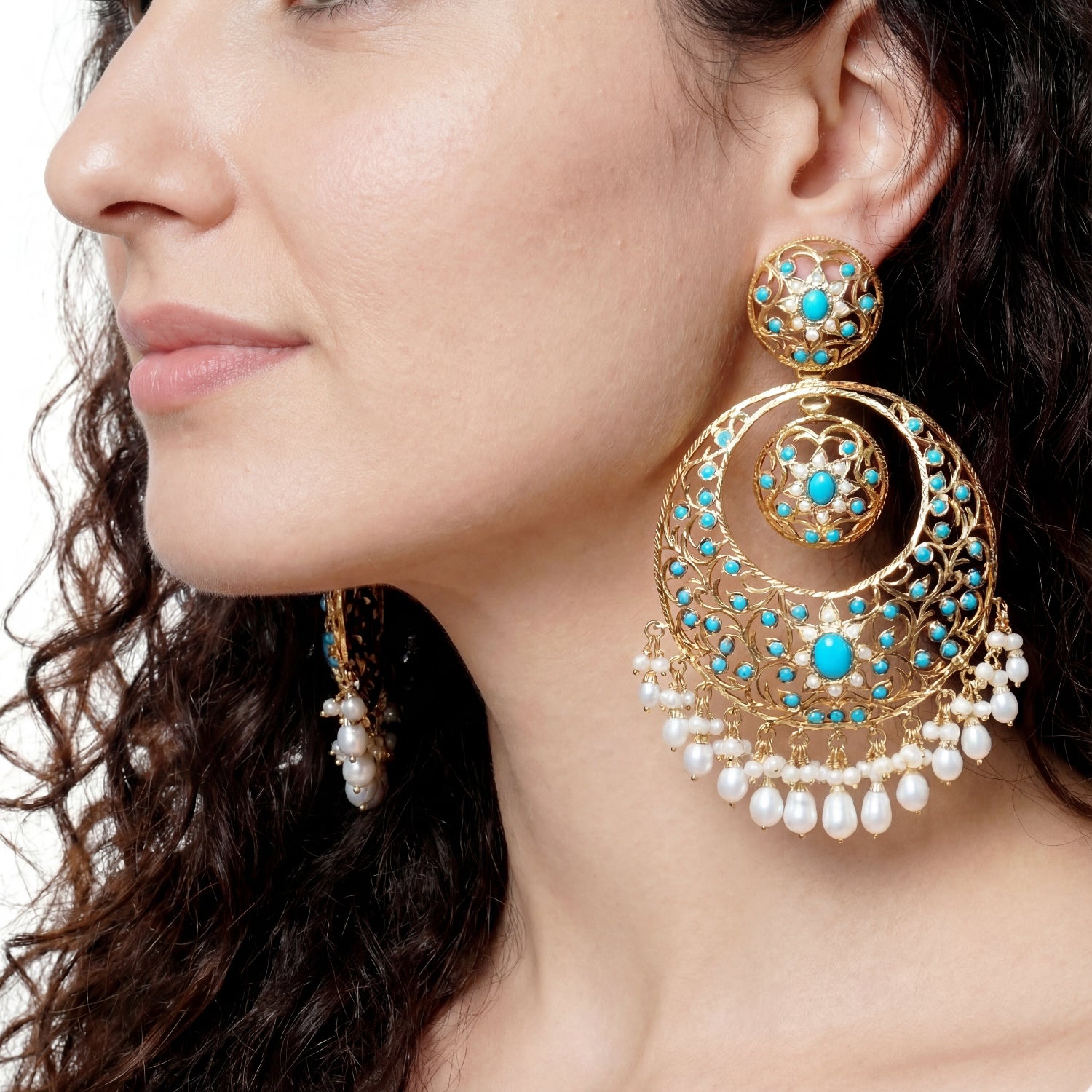 जड़ाऊ चांदबाली इयररिंग्स | मोती और फिरोजा | गोल्ड प्लेटेड सिल्वर ER 058