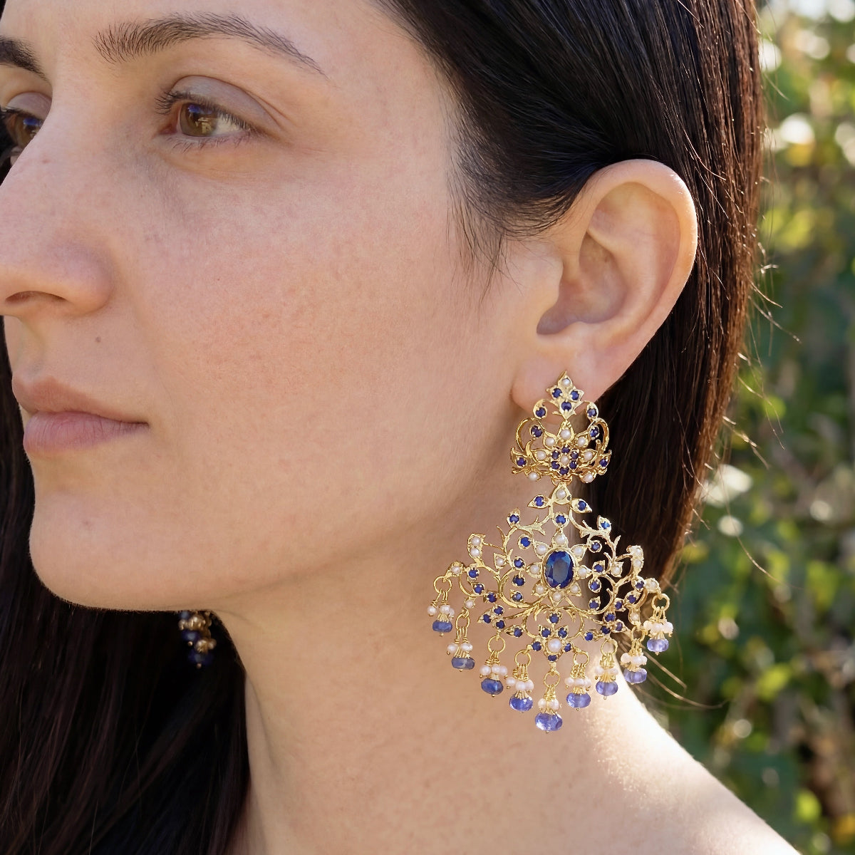 Edwardian Styled Earrings | Blue Sapphire & Pearls | Fusion Jewelry ER 279