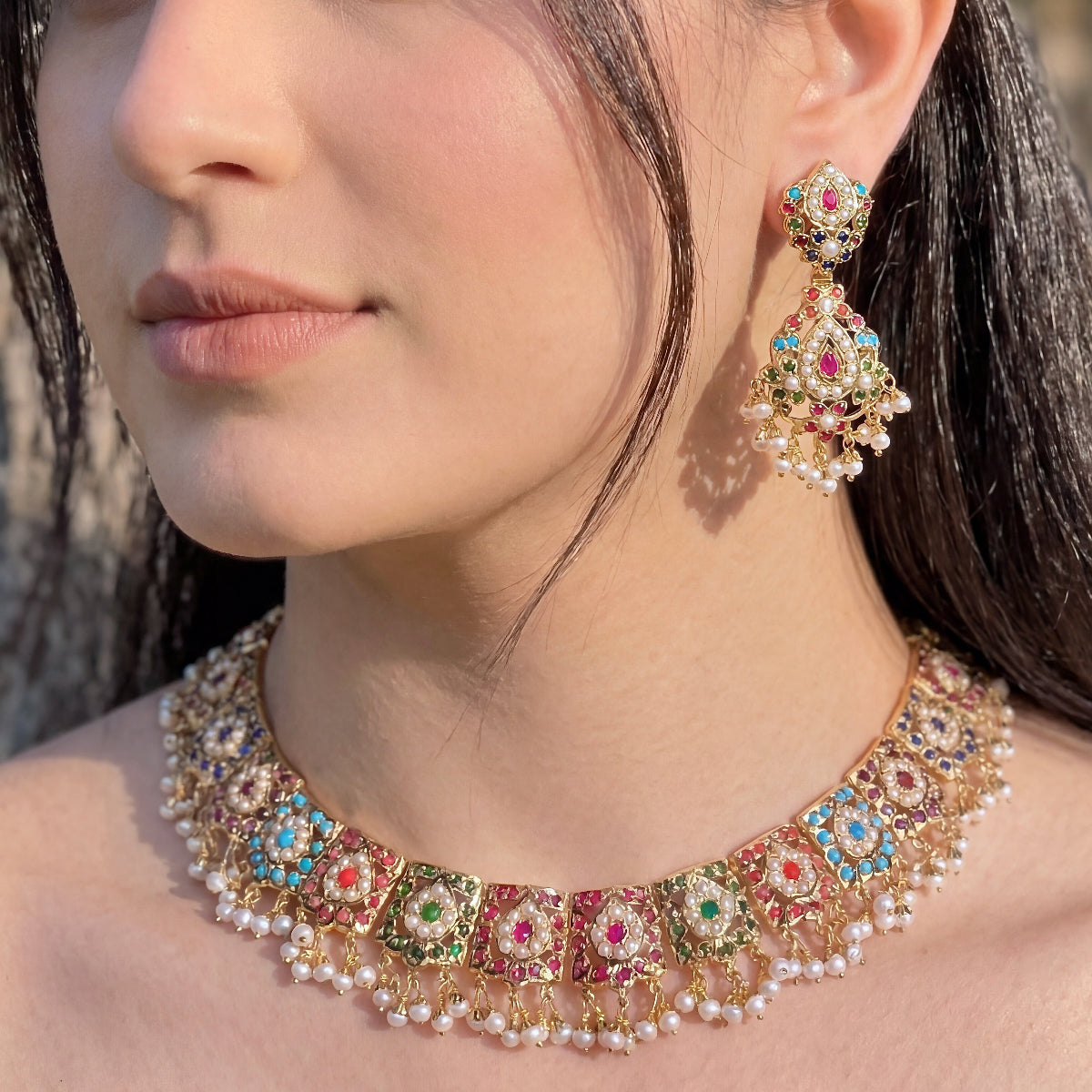 Elegant and Sober Navaratna Necklace Set | Gold Plated Jadau Jewelry on Silver NS 407