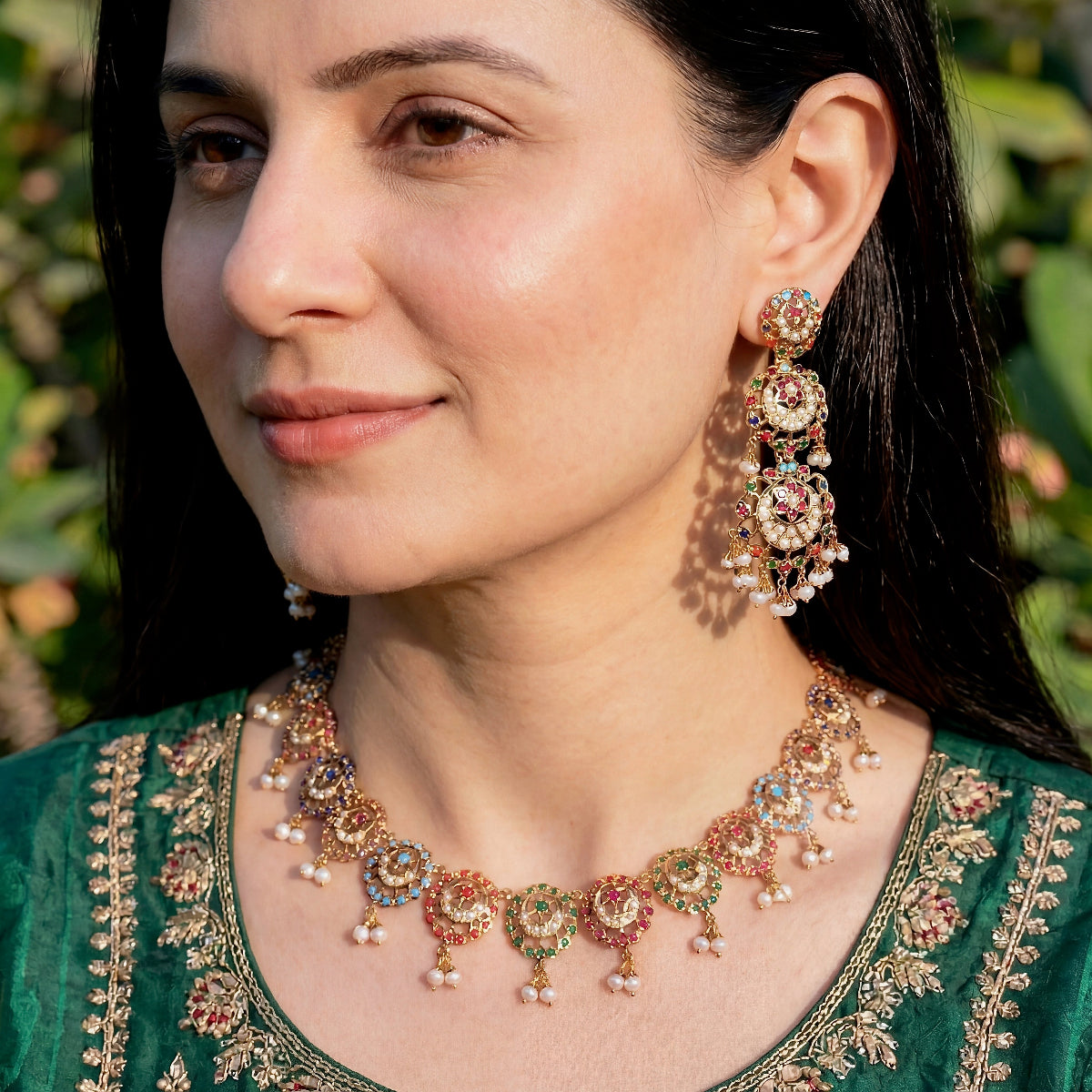 Exquisite Navaratna Necklace with Long Danglers | Premium Indian Jadau Jewelry on Silver with Gold Plating NS 406