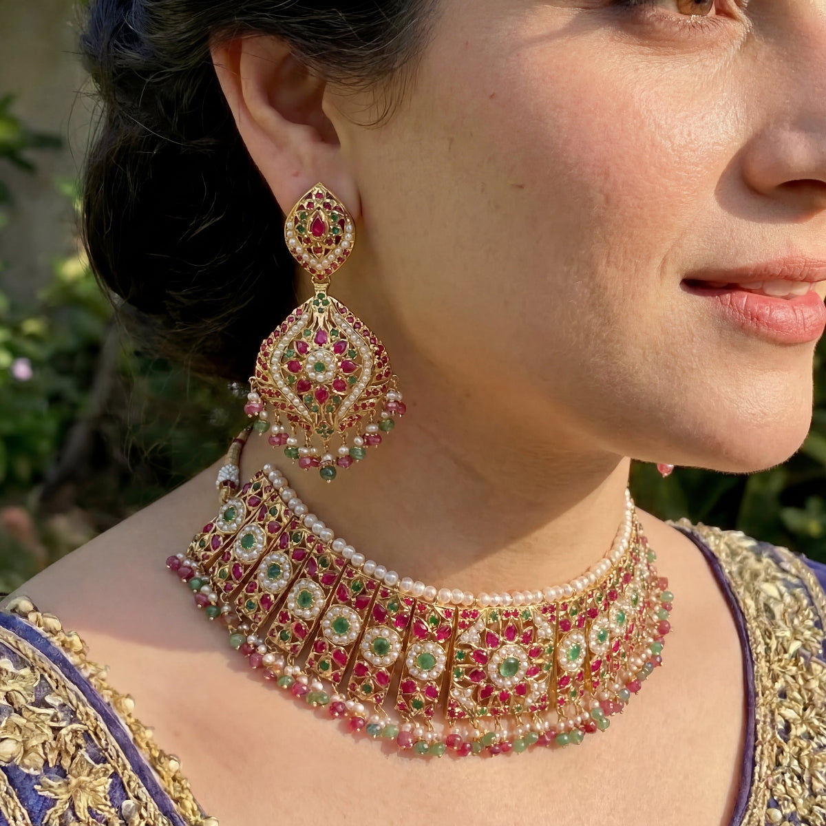 Bridal Jadau Choker Set | Gold Plated on Silver | Classic Indian Jewelry NS 413