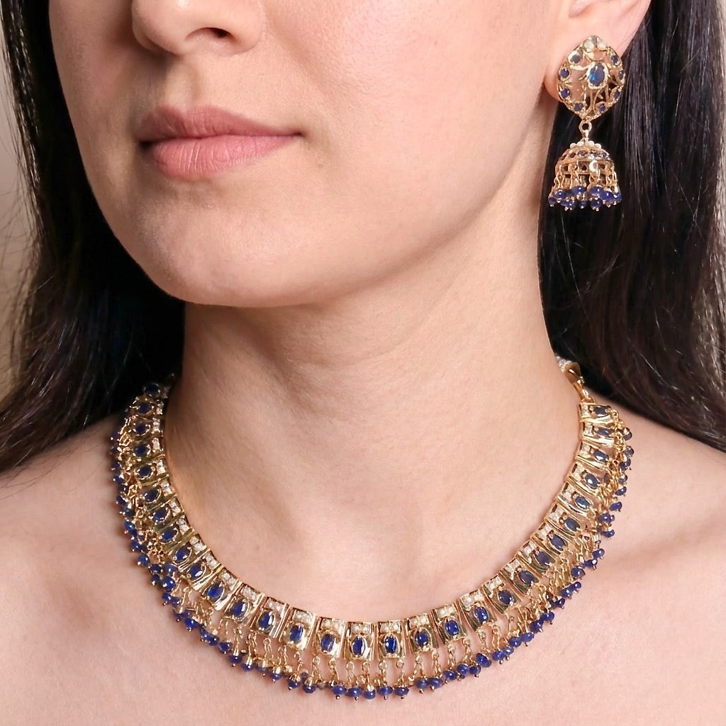 Simple Elegant Jadau Necklace With Jhumka | Gold Plated on Silver | Blue Sapphire & Pearls NS 411