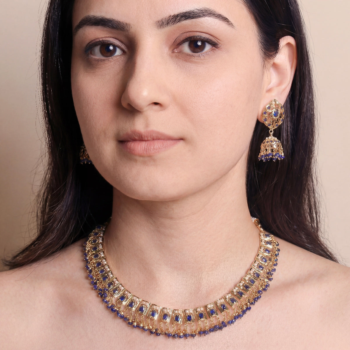Simple Elegant Jadau Necklace With Jhumka | Gold Plated on Silver | Blue Sapphire & Pearls NS 411