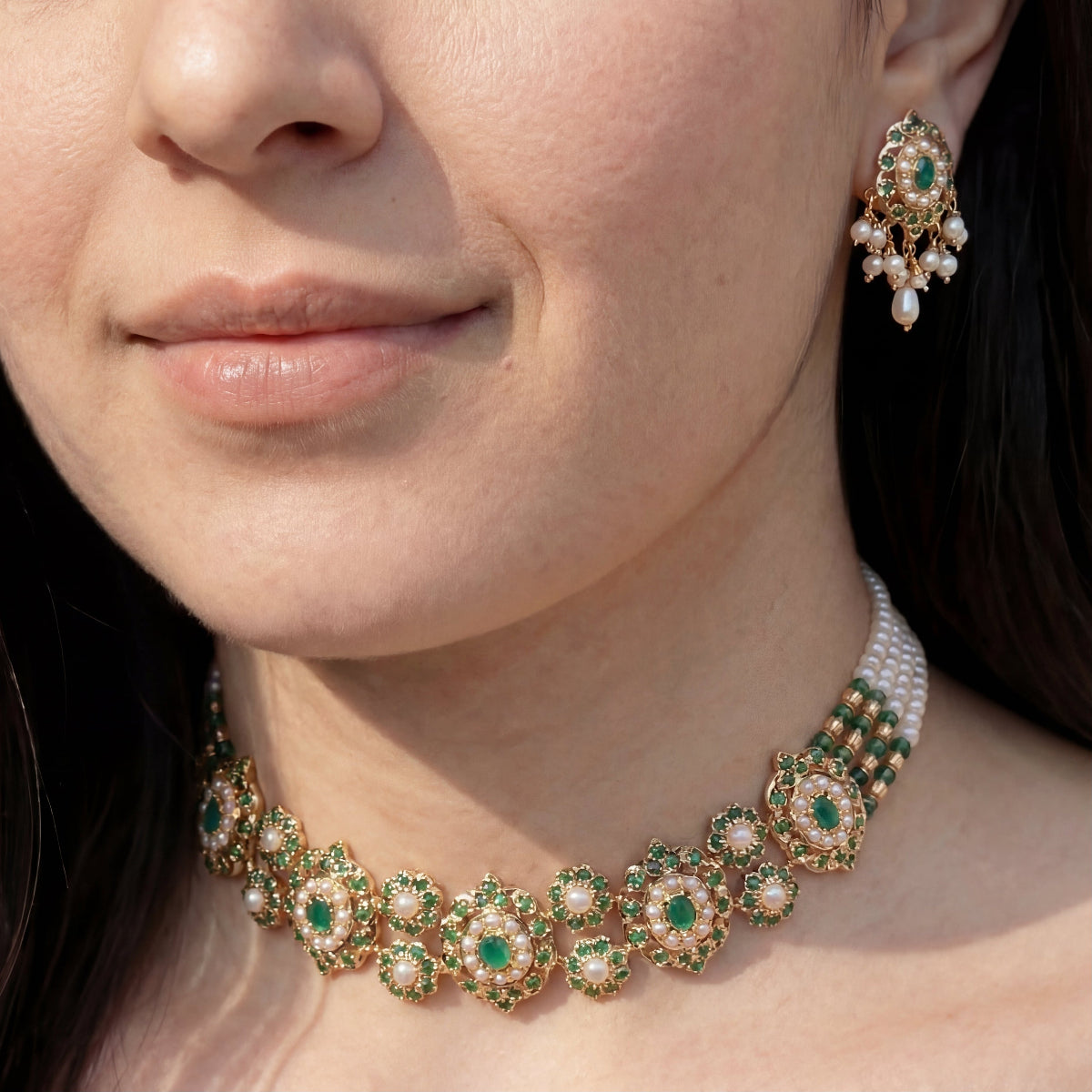 Emerald Green Choker Set | Gold Plated on Silver | Necklace Set for Destination Weddings NS 388