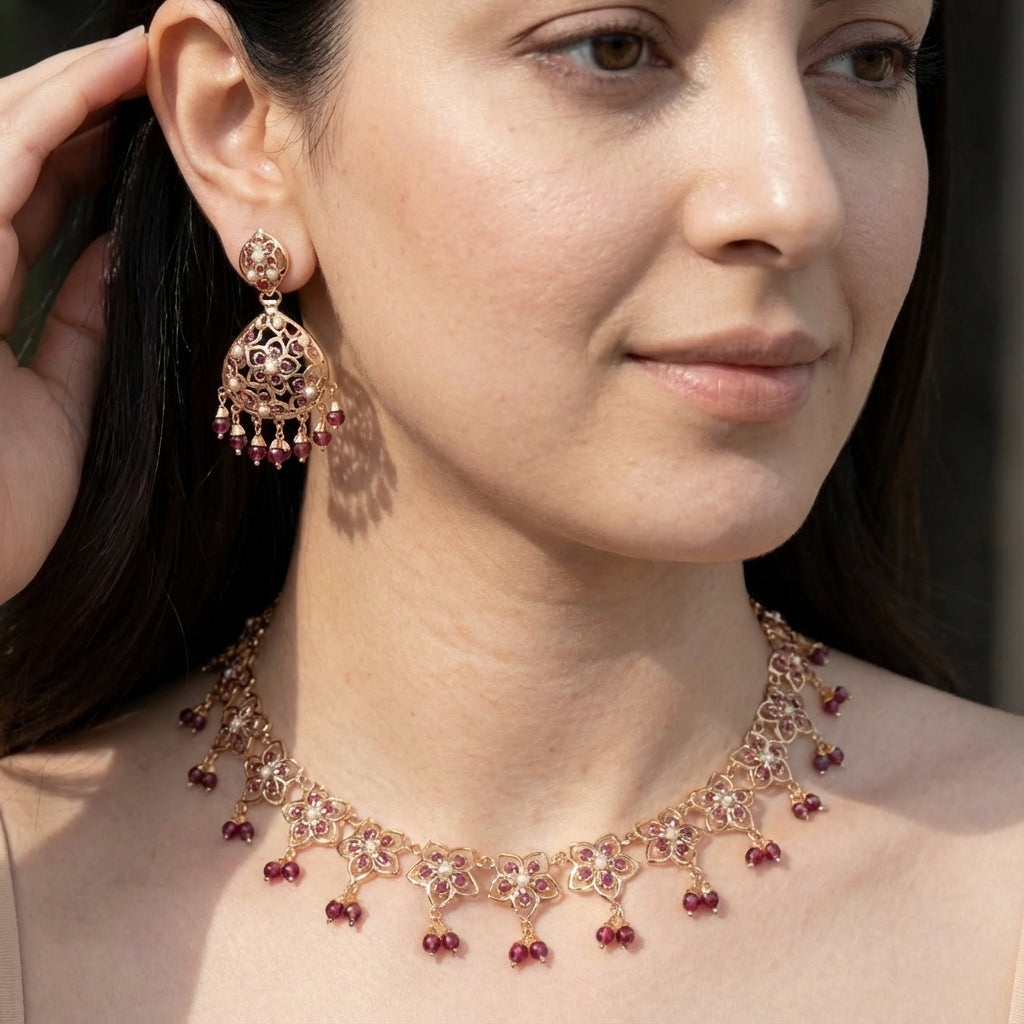 Minimal Necklace Set | Pearls & Garnet Combination | Gold Plated Silver NS 401