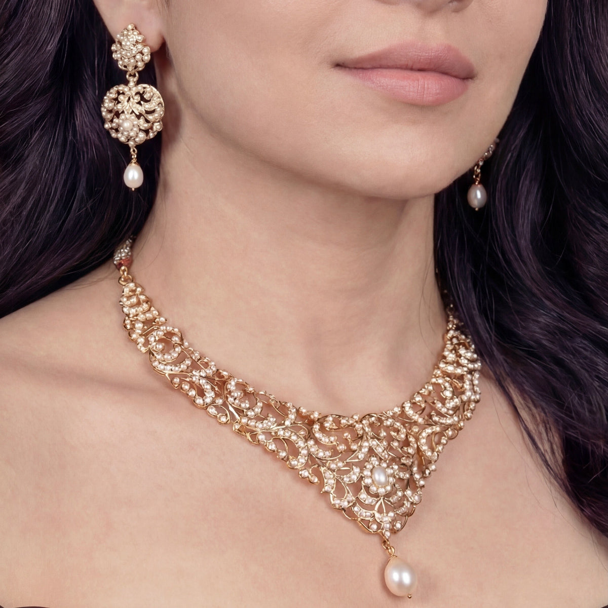 Pearl Necklace Set | Antique Design | Gold Plated on Silver NS 395