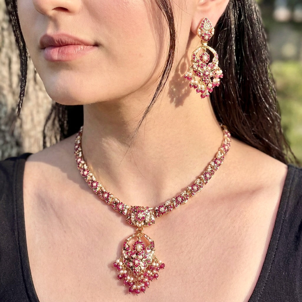 Ruby Pearl Jadau Necklace Set | Gold Plated on Silver NS 393