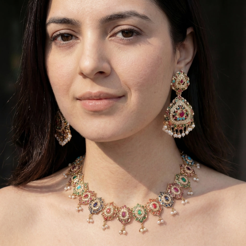 Jadau Navratan Set | Gold Plated on Pure Silver | Necklace with Large Earrings NS 375