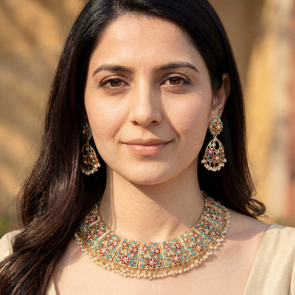 Broad Jadau Necklace Set | Bridal Jewellery | Gold Plated Jadau Set NS 280