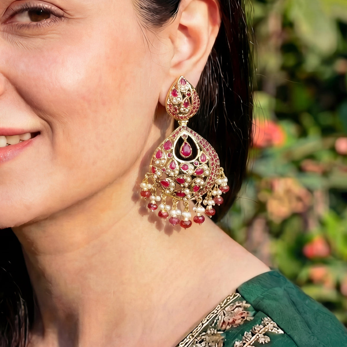 Pearl Ruby Jadau Chandbali Earrings | Gold Plated Silver Jewellery ER 125