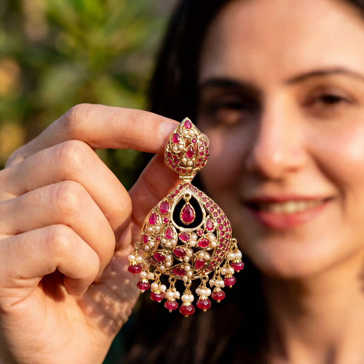 ముత్యాల మాణిక్యం జదౌ చంద్బాలీ చెవిపోగులు | బంగారు పూతతో కూడిన వెండి ఆభరణాలు ER 330