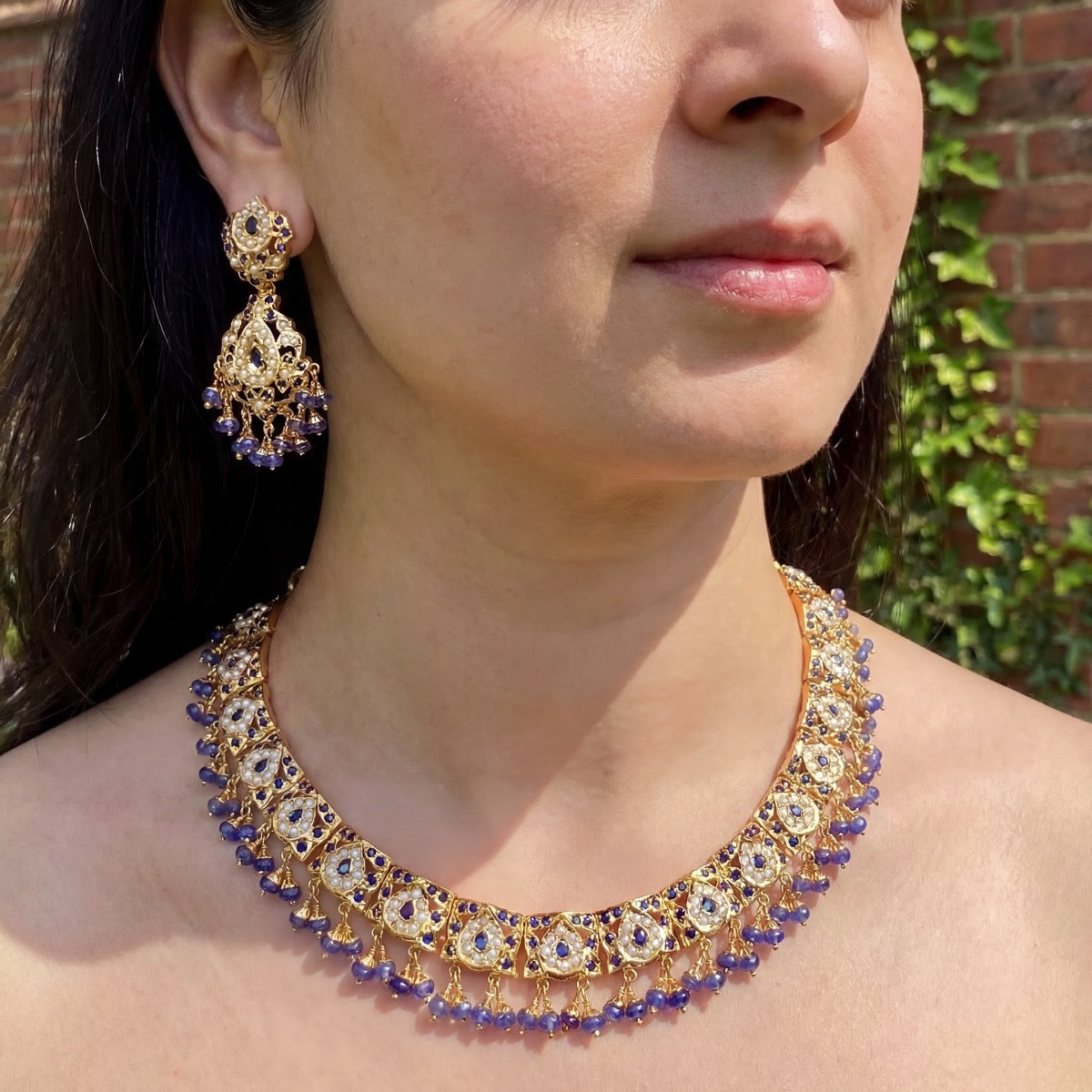 Gold Plated Blue Sapphire & Pearls Set | Sober & Elegant Jewelry NS 223