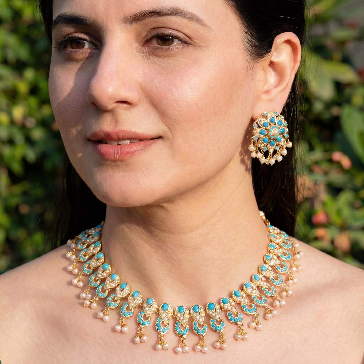 పెర్ల్ మరియు ఫిరోజా నెక్లెస్ సెట్ | నిజమైన ముత్యాలు | బంగారు పూతతో NS 173A