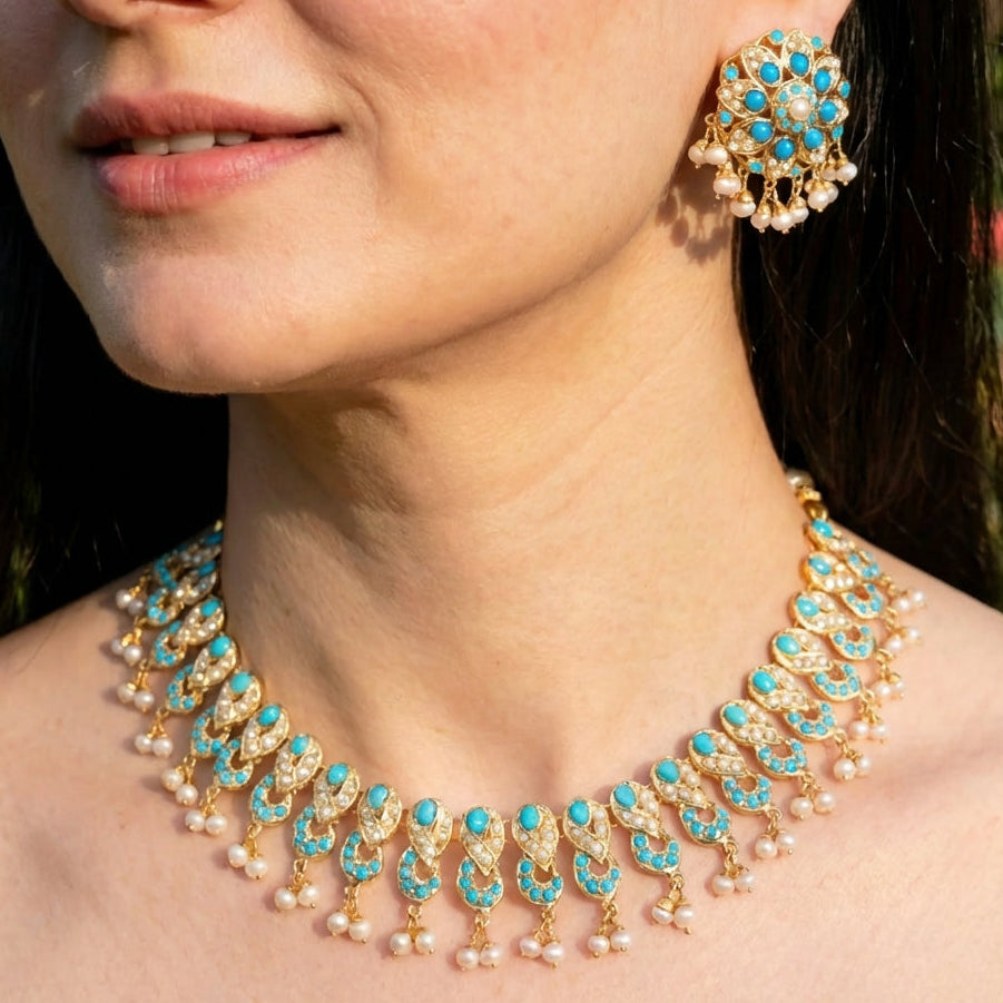 Pearl and Feroza Necklace Set | Real Pearls | Gold Plated NS 133