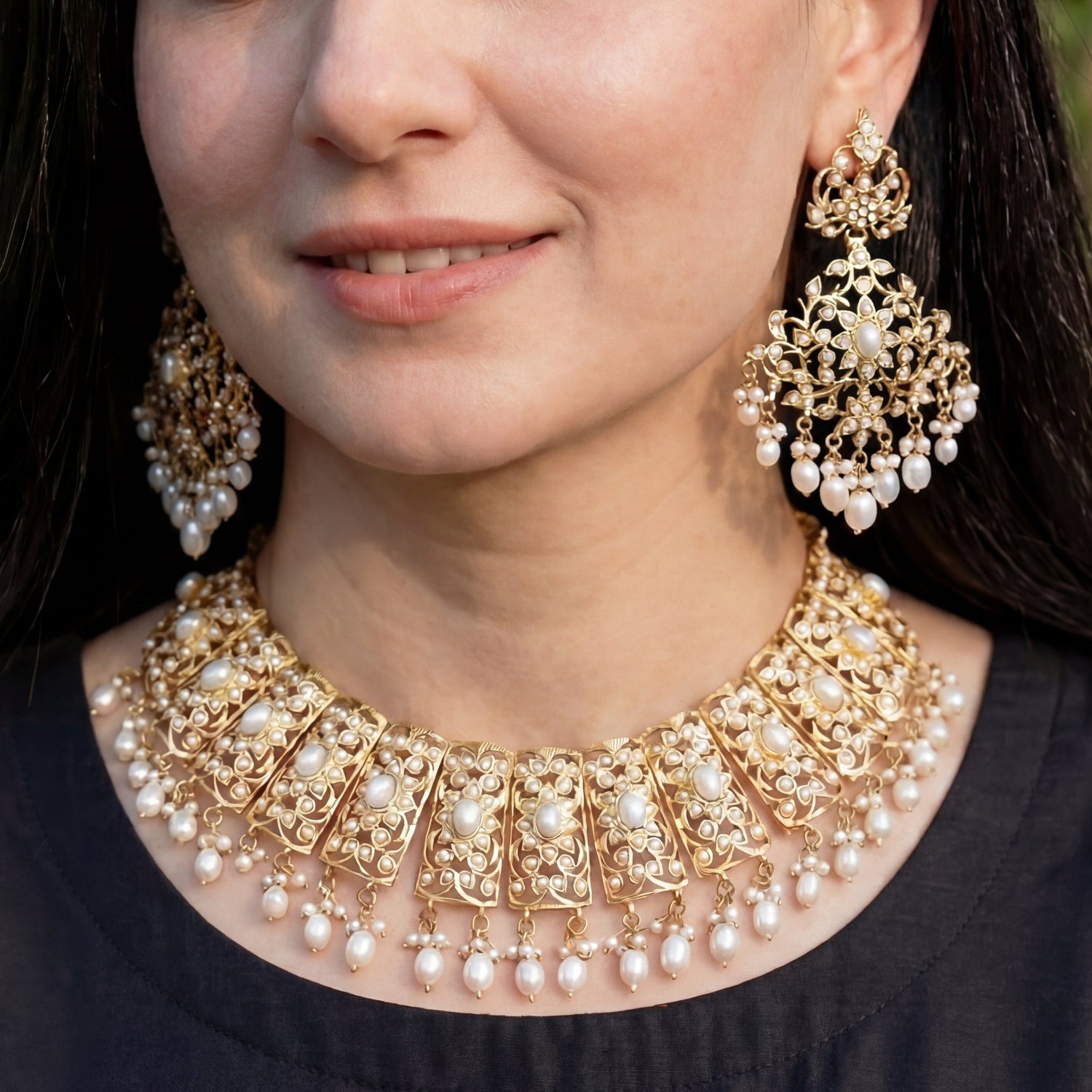 गोल्ड प्लेटेड मोती का हार सेट | दुल्हन पहनने के आभूषण | भारतीय मोती आभूषण NS 105