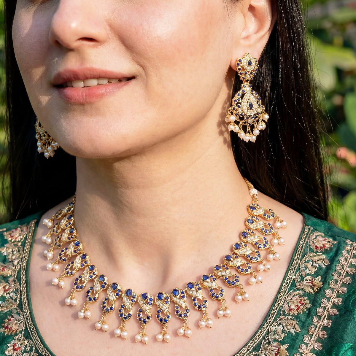 Gold Plated Jadau Set | Silver Based | Blue Sapphire & Pearl Jewelry NS 219