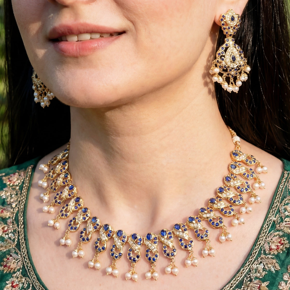 Gold Plated Jadau Set | Silver Based | Blue Sapphire & Pearl Jewelry NS 219