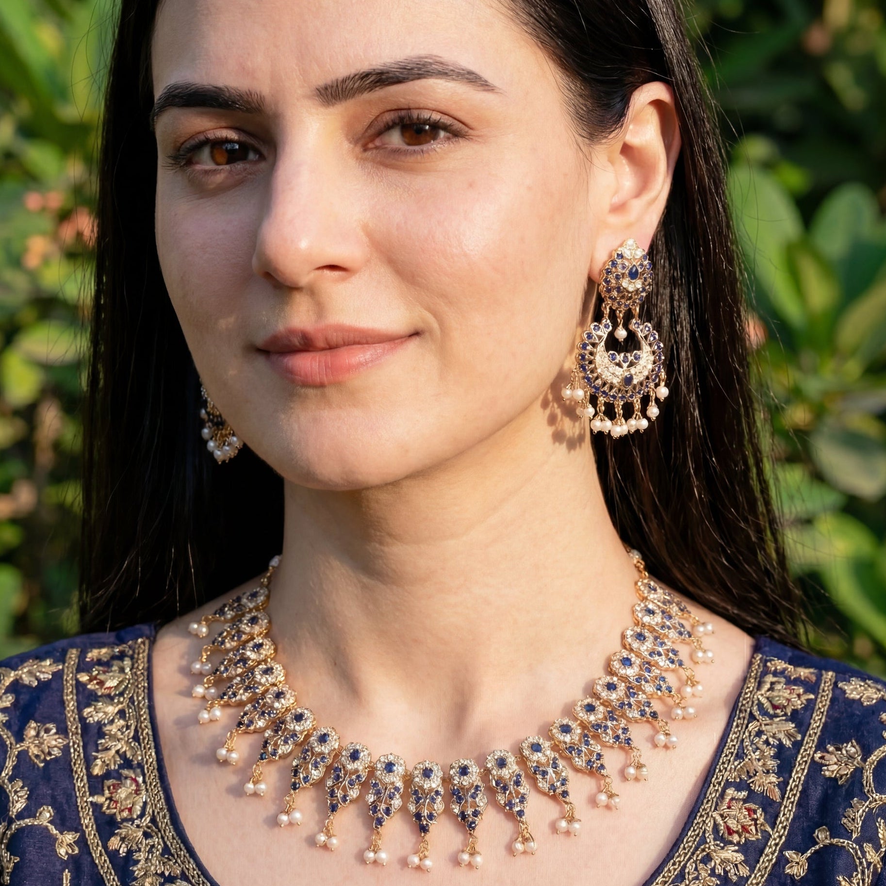 Elegant Sapphire Pearl Necklace with Chandbali Earrings NS 359