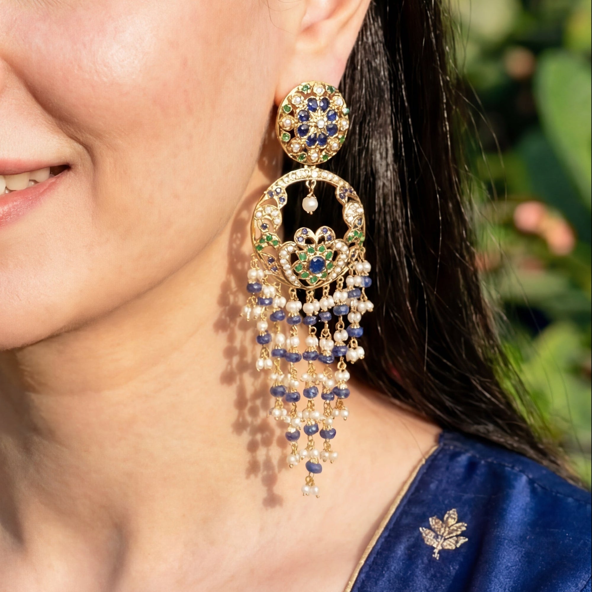 Gold Plated Chandbali with Long Hanging Beads Earrings in Silver ER 165