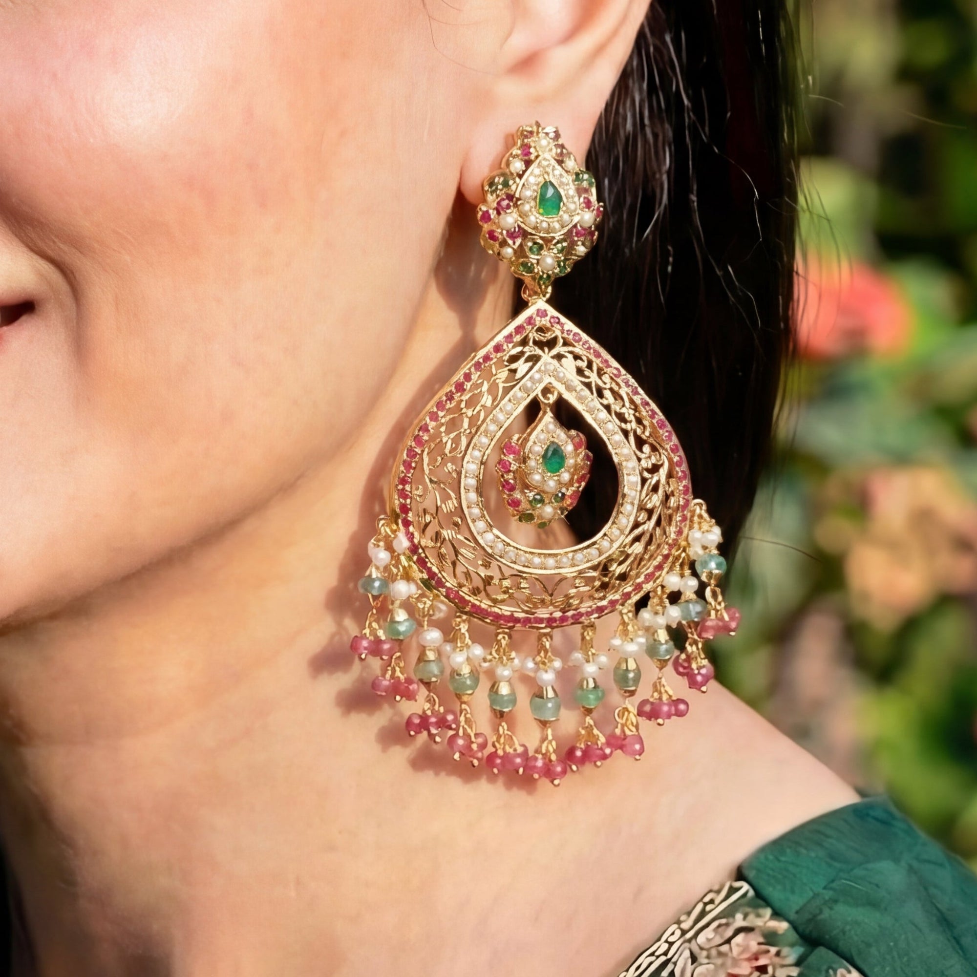 Drop Shaped Oversized Chandbali Earrings | 925 Sterling Silver Gold Plated ER 319