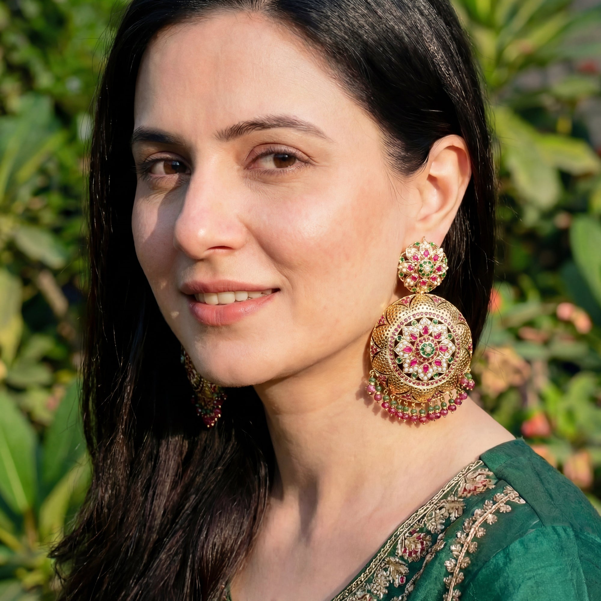 Large Round Jadau Earrings in Gold Finished Silver ER 007