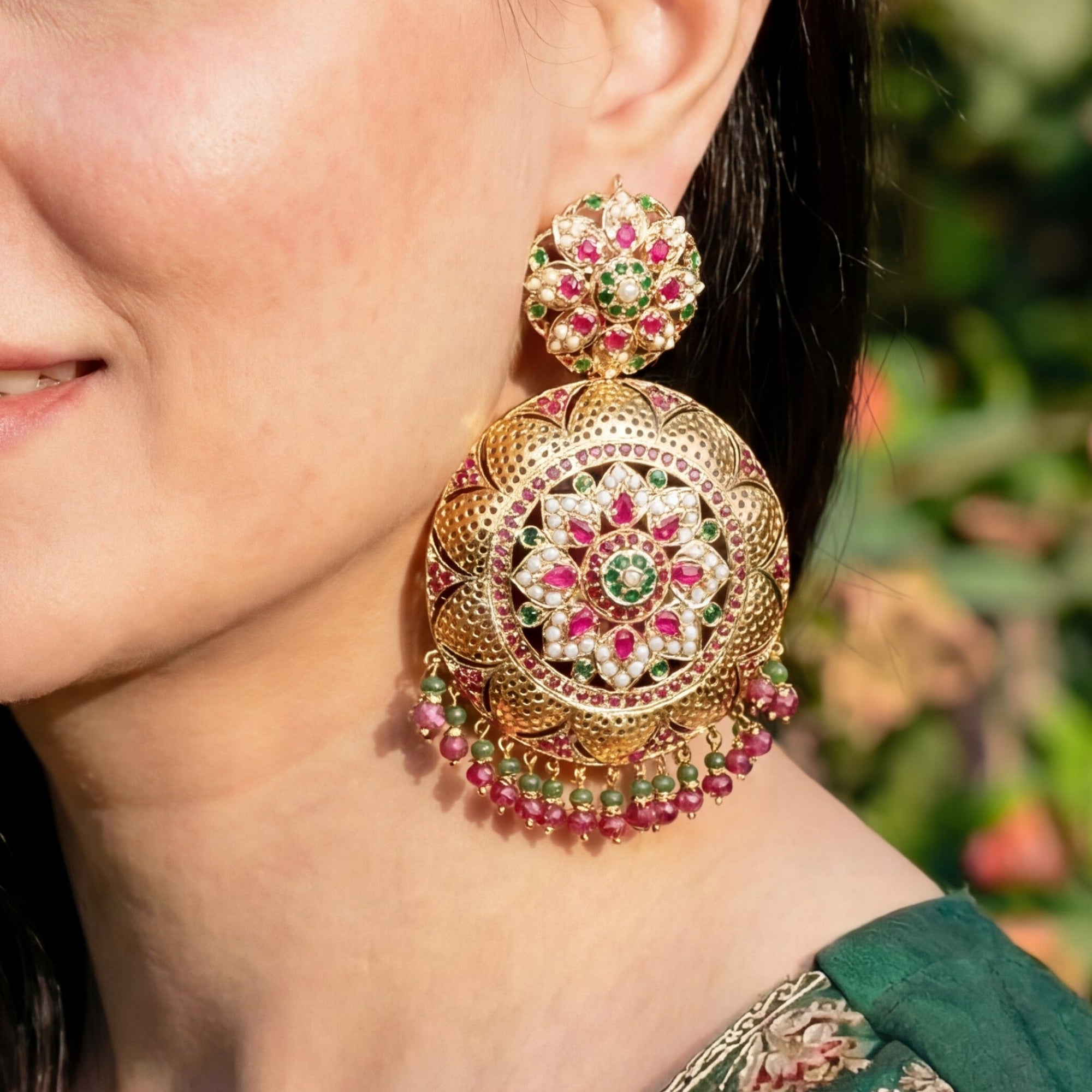 Large Round Jadau Earrings in Gold Finished Silver ER 007