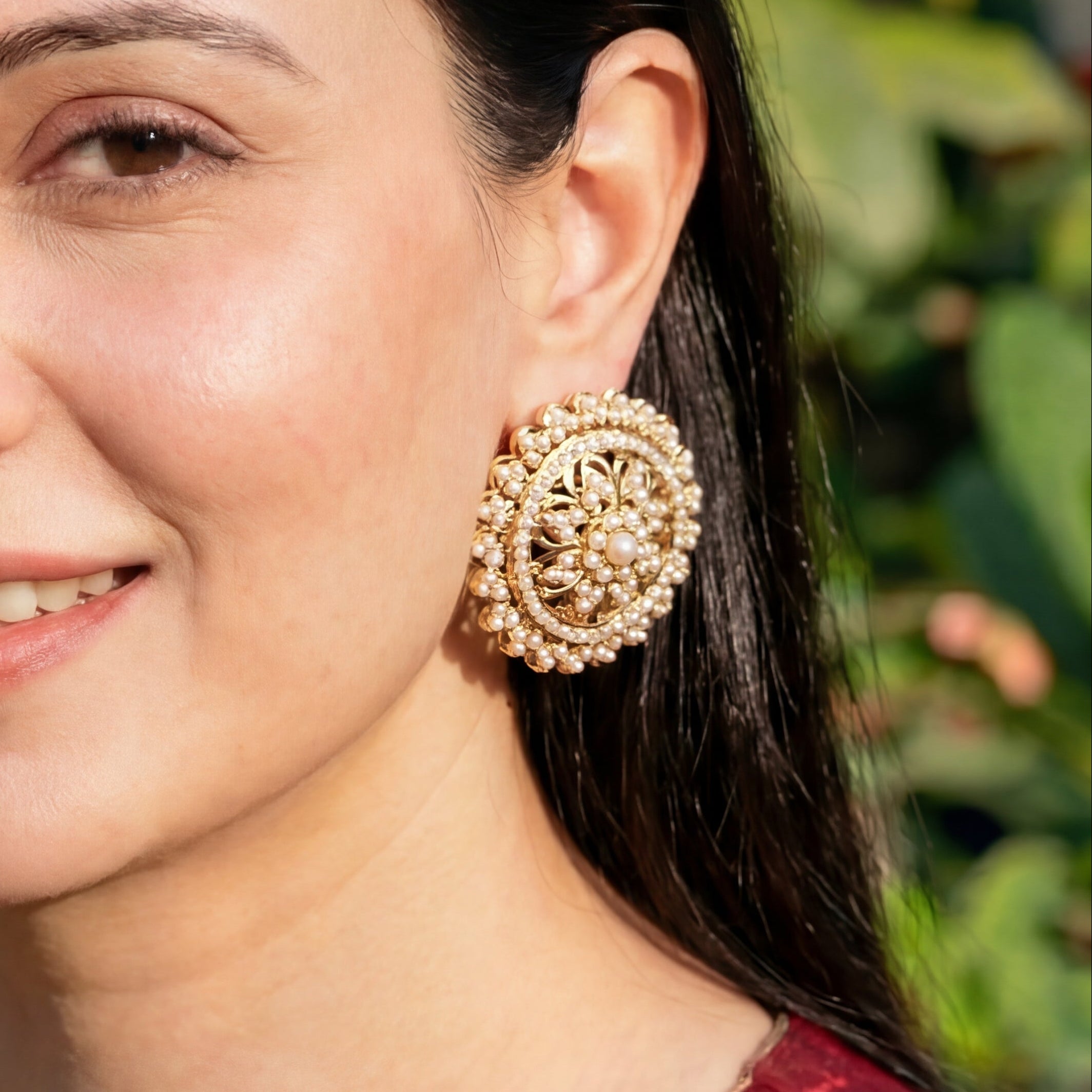 Gold Plated Pearl Studs | Large Round Stud Earrings for Women ER 063