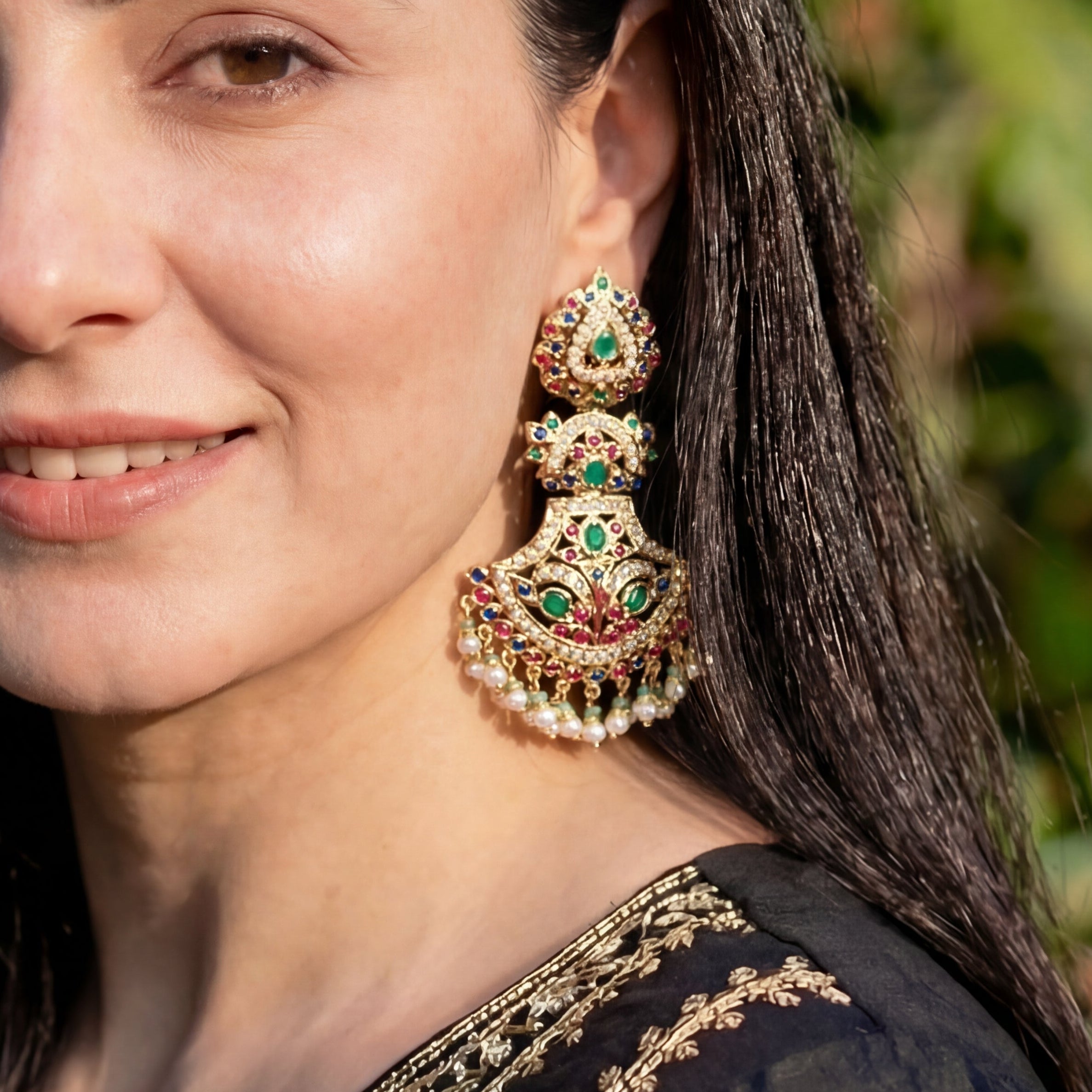 Multicolored Jadau Danglers | Gold Plated on Sterling Silver Base ER 477